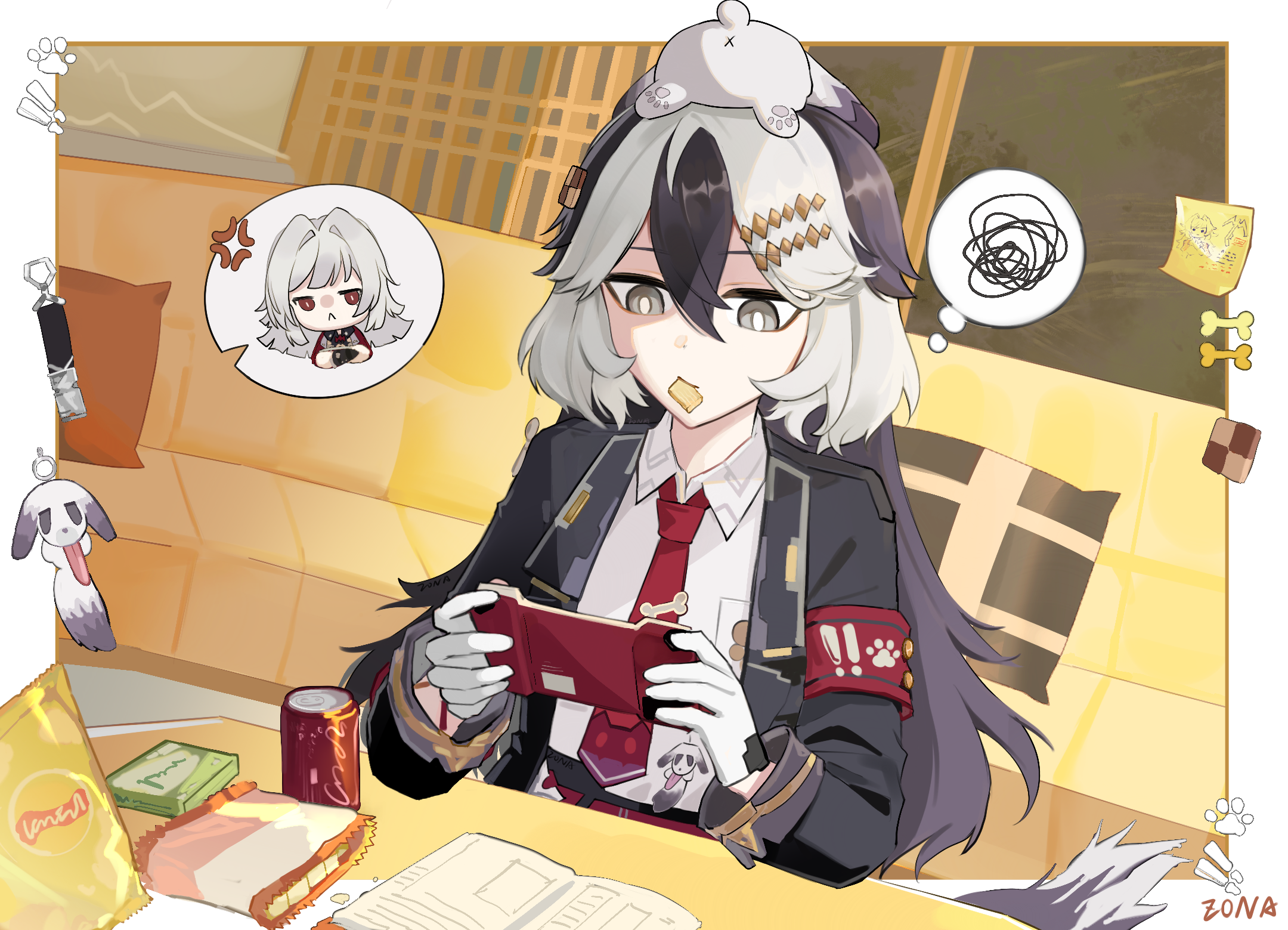 coralie 6626 planck, coralie 6626 planck (puppy patrol), erdos helia, honkai (series), honkai impact 3rd, chinese commentary, commentary request, highres, 2girls, anger vein, animal, animal ears, animal on head, artist name, black coat, book, can, chips (food), coat, collared shirt, dog, dog ears, dog girl, dog tail, drink can, food, food in mouth, handheld game console, holding, holding handheld game console, indoors, multiple girls, necktie, on head, open book, playing games, potato chips, red necktie, shirt, sitting, squiggle, tail, white shirt, zona