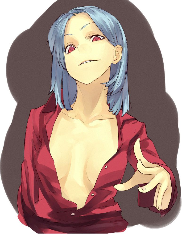 hama (22ji kara 24ji), original, blue hair, breasts, cleavage, open clothes, open shirt, red eyes, shirt, solo