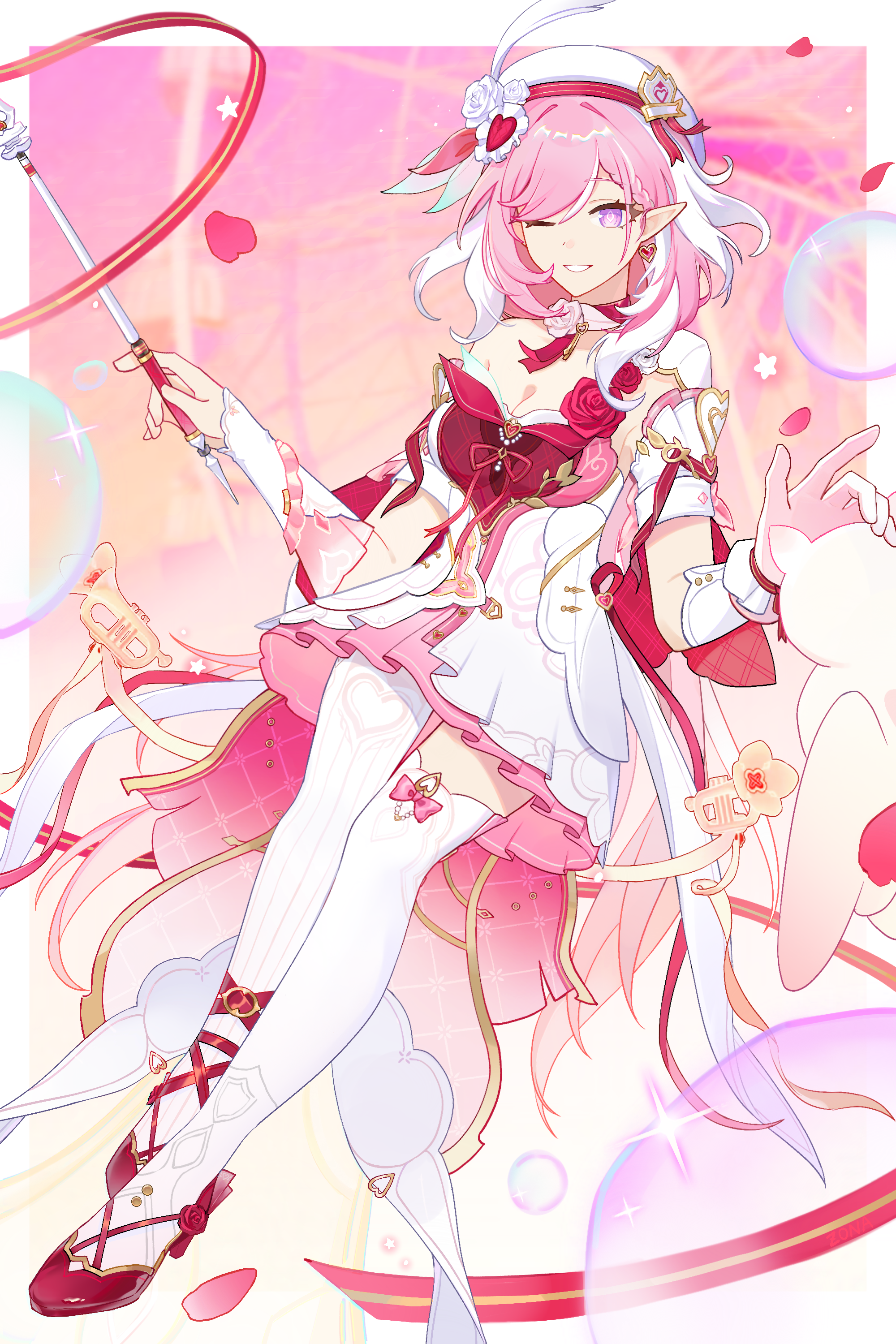 elysia (hi love elf) (honkai impact), elysia (honkai impact), honkai (series), honkai impact 3rd, absurdres, chinese commentary, commentary request, highres, 1girl, ;), beret, border, breasts, cleavage, diamond-shaped pupils, diamond (shape), dress, elf, gloves, hat, high heels, holding, holding wand, large breasts, long hair, multicolored dress, multicolored hair, one eye closed, pantyhose, pink background, pink gloves, pink hair, pointy ears, purple eyes, red dress, single glove, single leg pantyhose, single thighhigh, smile, solo, symbol-shaped pupils, thighhighs, two-tone dress, two-tone hair, very long hair, wand, white border, white dress, white hair, white pantyhose, white thighhighs, zona