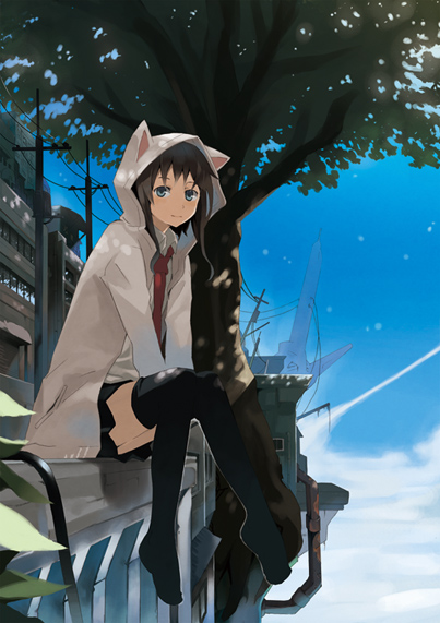 kuchibue, original, animal ears, cat ears, cloud, day, sky, solo, thighhighs, tree, zettai ryouiki