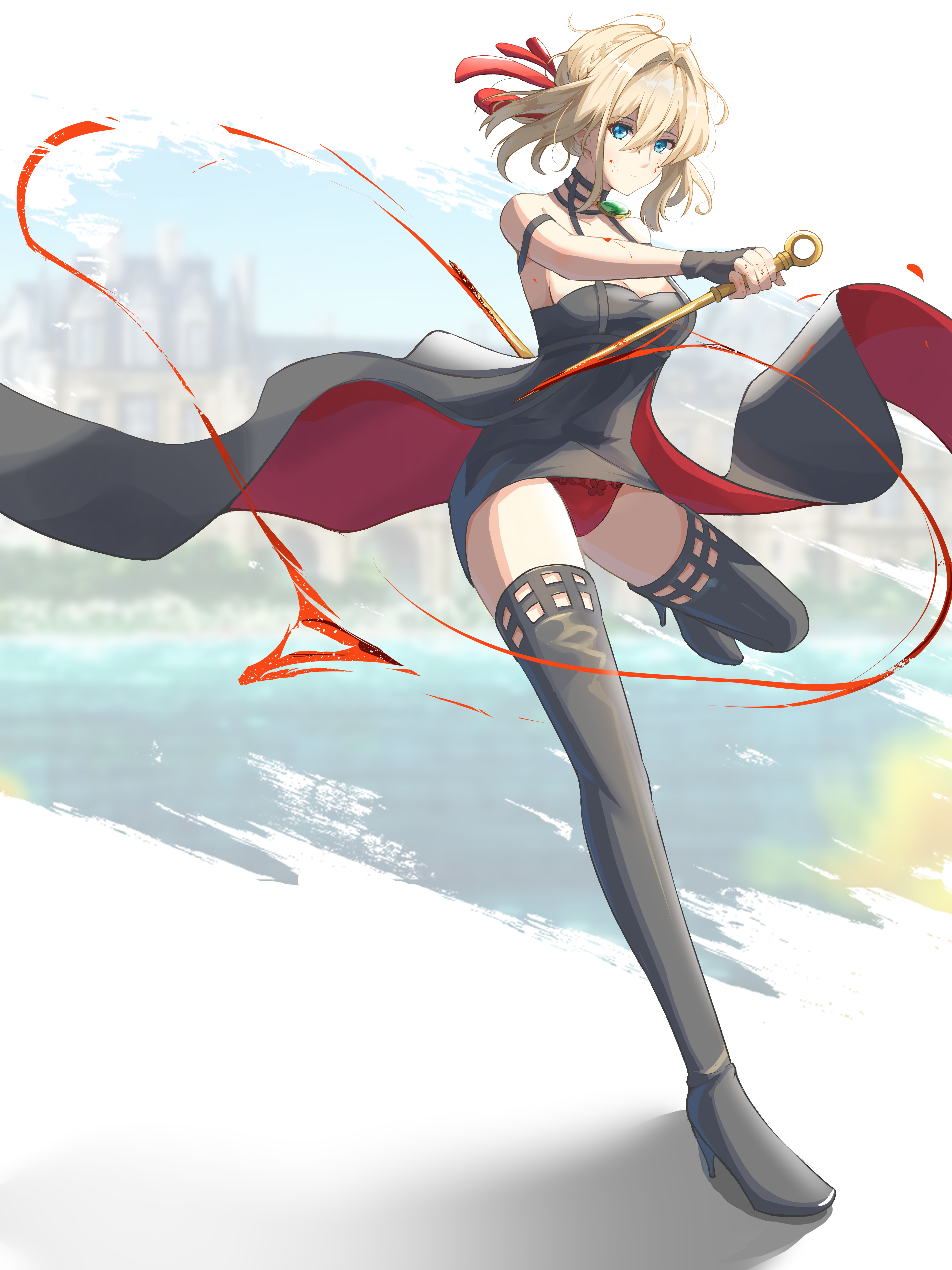 yuqi dongman, violet evergarden, yor briar, spy x family, violet evergarden (series), absurdres, highres, 1girl, bare shoulders, black boots, black dress, black gloves, blonde hair, blue eyes, blurry, blurry background, boots, border, braid, cosplay, crown braid, dagger, dress, fading border, full body, gloves, hair between eyes, hair intakes, hair ribbon, hand up, high heels, holding, holding dagger, holding knife, holding weapon, knife, leg up, looking at viewer, outside border, panties, pantyshot, red panties, ribbon, shadow, short dress, short hair, sleeveless, sleeveless dress, solo, standing, standing on one leg, stiletto (weapon), thigh boots, underwear, weapon, yor briar (cosplay)