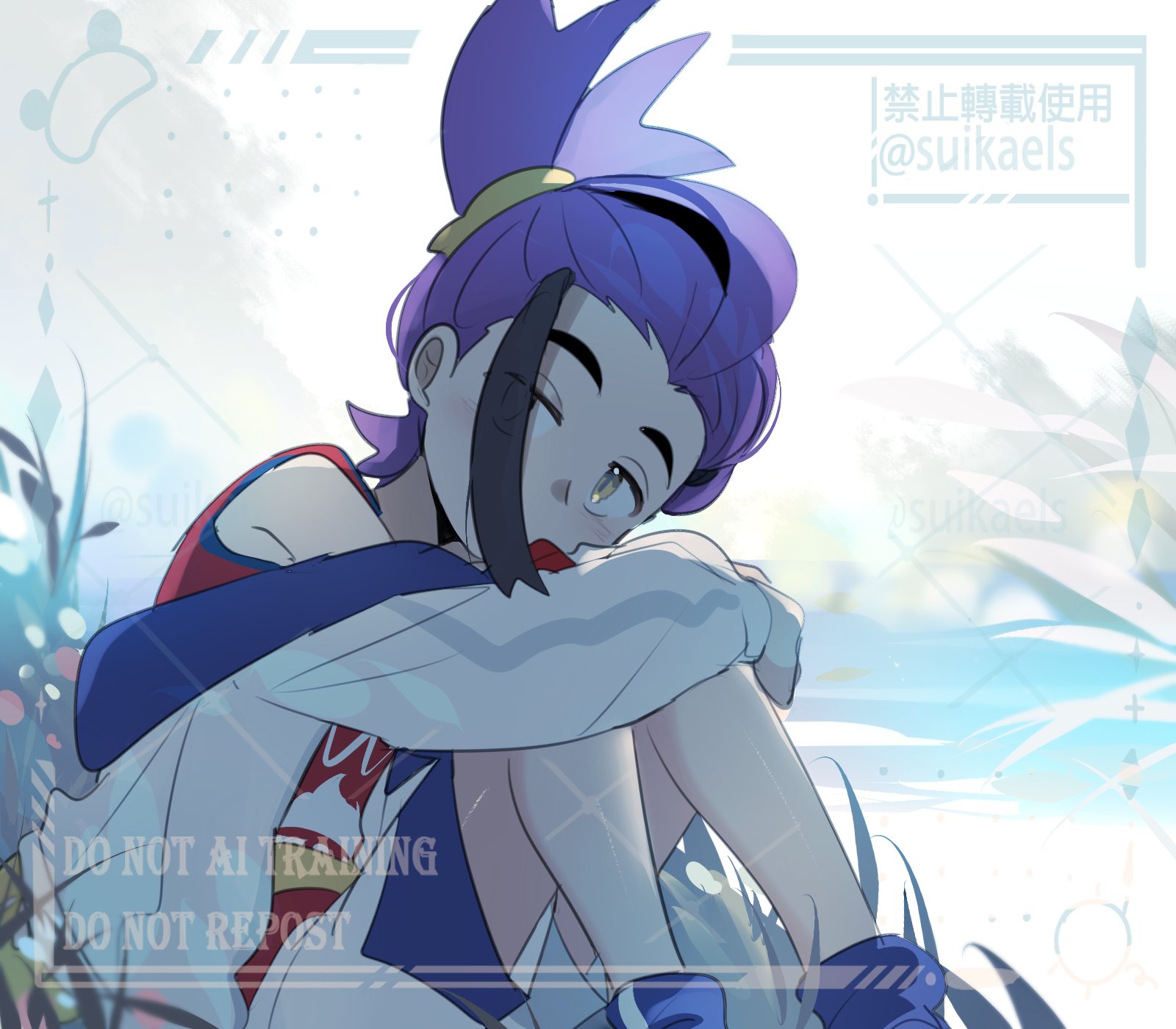 suikaels, kieran (pokemon), nintendo, pokemon, pokemon sv, highres, 1boy, black hair, blue background, blue socks, crossed bangs, full body, grass, hair between eyes, jacket, long sleeves, looking at viewer, male focus, mole, mole on neck, multicolored hair, off-shoulder jacket, off shoulder, outdoors, purple hair, red tank top, shorts, simple background, sitting, socks, solo, tank top, watermark, watermark grid, white jacket, white shorts, yellow eyes