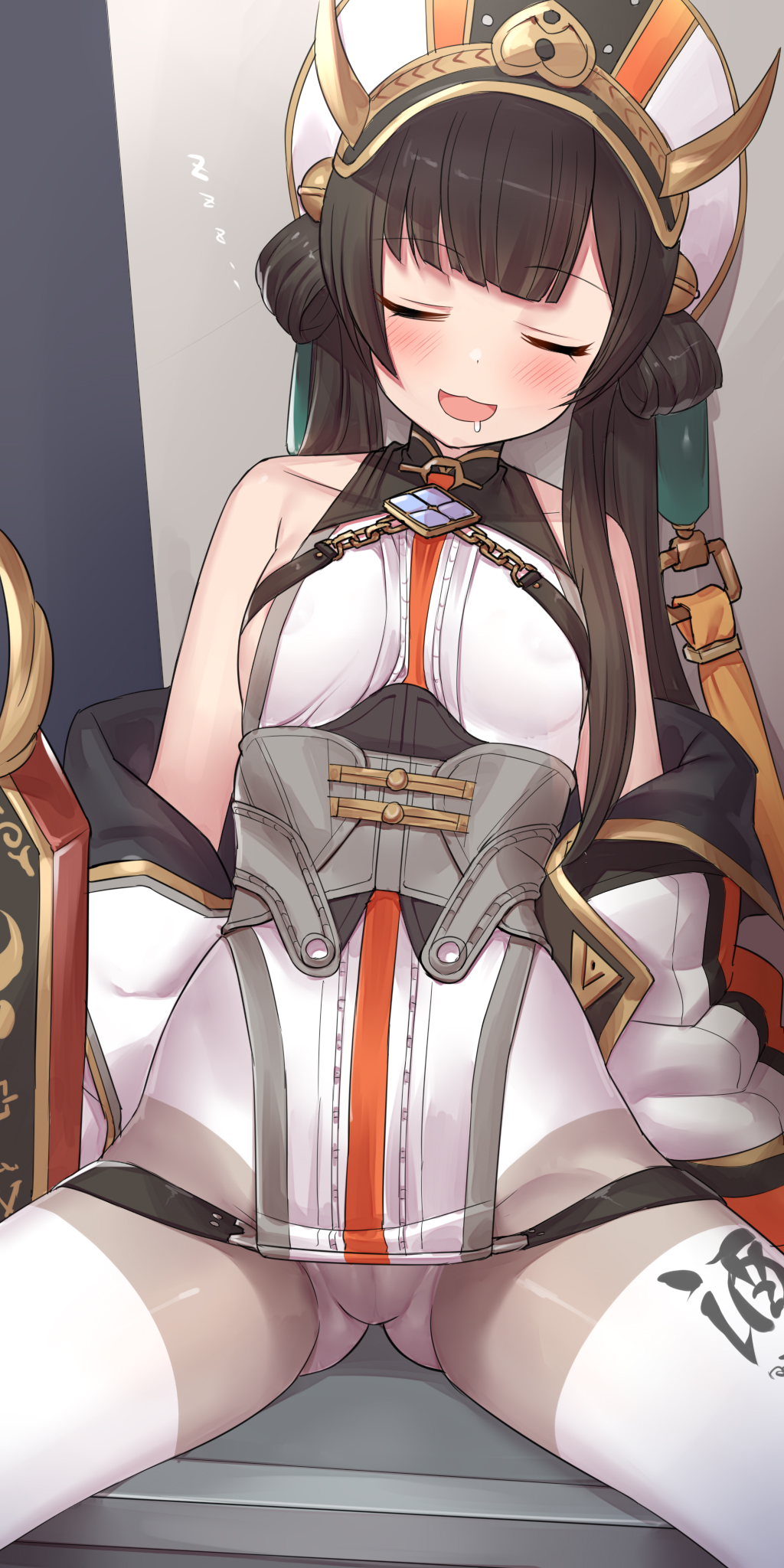 torimaru, black survival, eternal return: black survival, character request, highres, 1girl, bare shoulders, black hair, blush, closed eyes, dress, hair rings, long hair, open mouth, sitting, solo, white dress