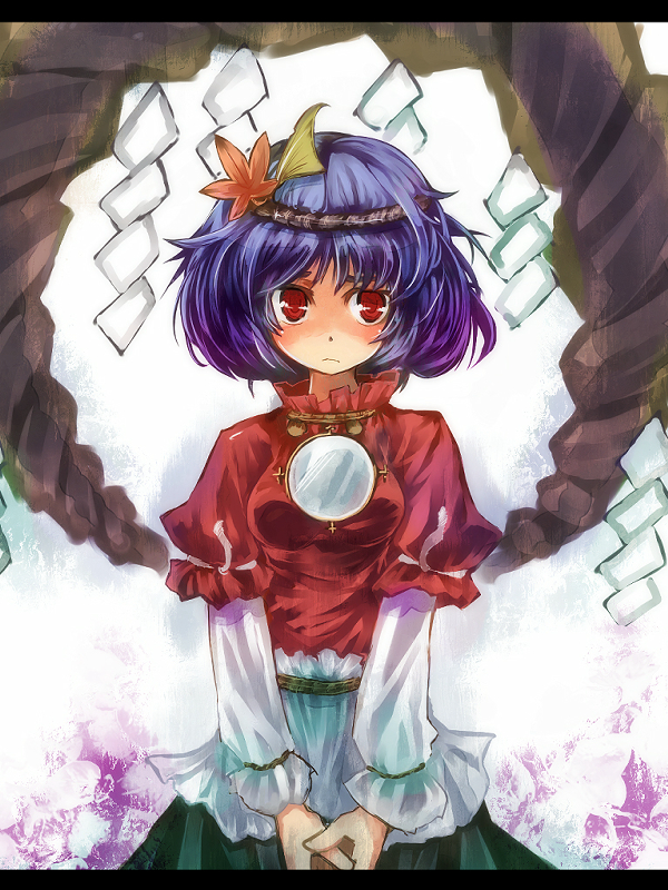 ukyo rst, yasaka kanako, touhou, duplicate, 1girl, brooch, dress, female focus, gem, hair ornament, headband, jewelry, layered sleeves, leaf hair ornament, long sleeves, looking at viewer, mirror, puffy short sleeves, puffy sleeves, red dress, red eyes, short over long sleeves, short sleeves, solo