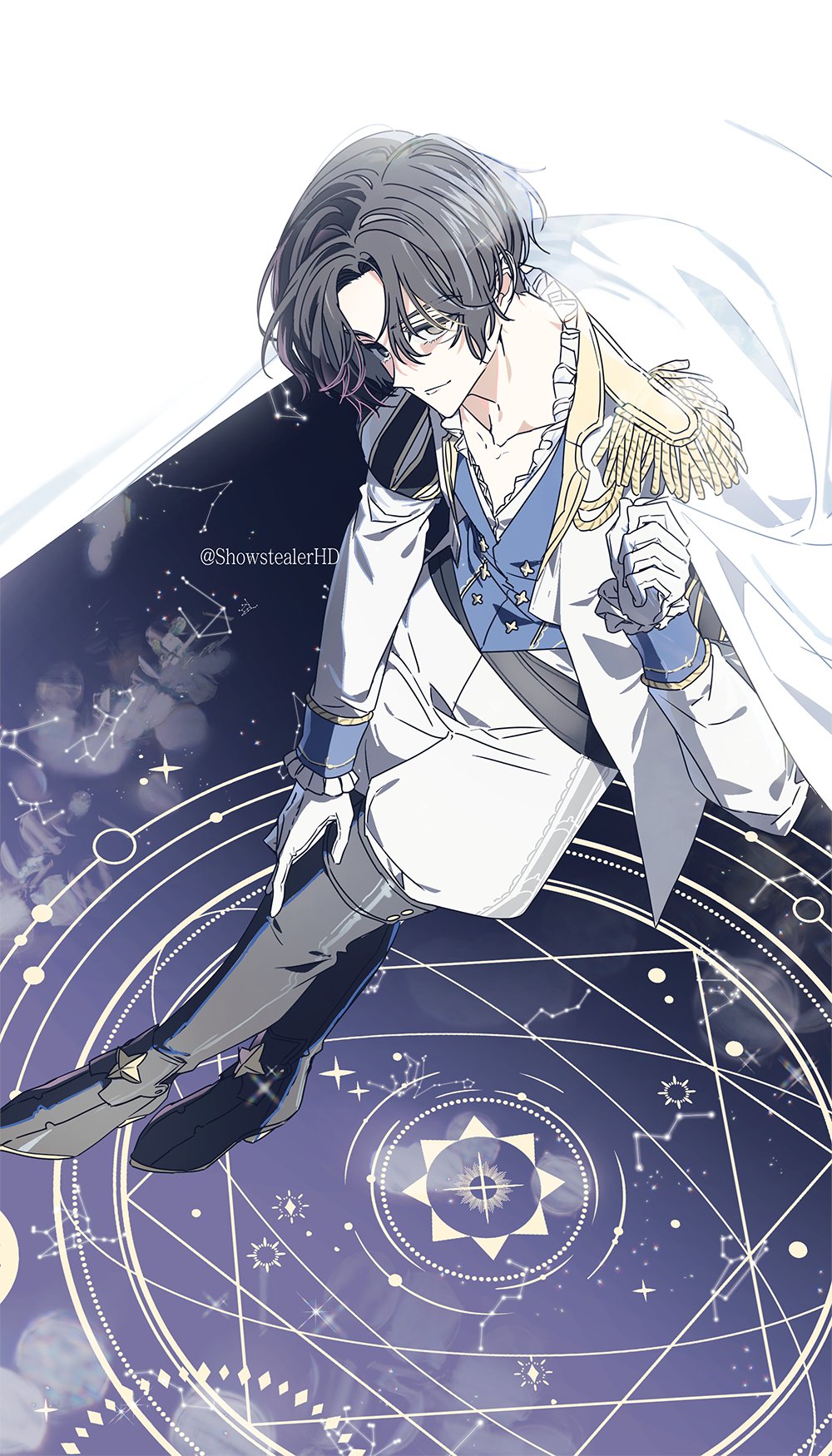 ikenami shouki, luce (p5x), persona, persona 5, persona 5: the phantom x, commentary request, highres, 1boy, belt, black belt, black boots, black hair, blue vest, boots, cape, closed mouth, constellation, curtained hair, epaulettes, floating cape, from above, full body, gloves, grey eyes, hand on own knee, hand up, looking at viewer, male focus, no mask, pants, short hair, showstealerhd, sky, smile, solo, star (sky), starry sky, starry sky background, twitter username, vest, white cape, white gloves, white pants