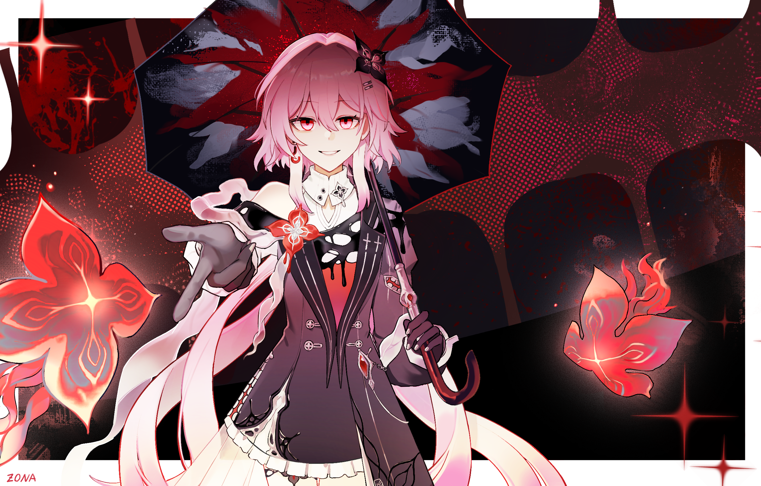 evernight (honkai: star rail), march 7th (honkai: star rail), honkai: star rail, honkai (series), chinese commentary, commentary request, highres, 1girl, black dress, black gloves, black liquid, border, dress, earrings, flower, gloves, hair flower, hair ornament, holding, holding umbrella, jellyfish, jewelry, long hair, looking at viewer, pink hair, reaching, reaching towards viewer, red eyes, smile, solo, umbrella, very long hair, white border, zona