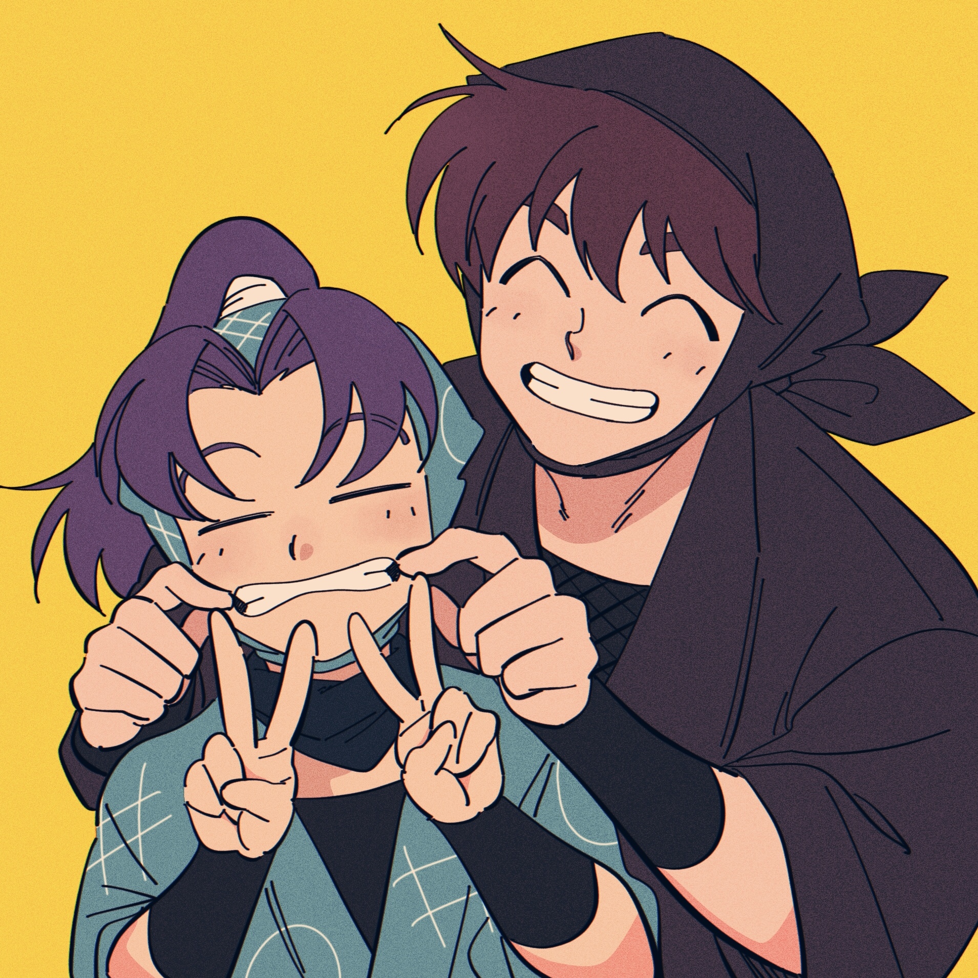doi hansuke, settsuno kirimaru, rakudai ninja rantarou, highres, 2boys, aqua hood, aqua kimono, bandana, bandana around neck, behind another, black bandana, black hood, black kimono, black shirt, brown hair, closed eyes, curtained hair, detached hood, double v, facing viewer, forced smile, grin, happy, height difference, humoto 00, japanese clothes, kimono, long hair, male focus, mouth pull, multiple boys, ponytail, purple hair, shirt, short hair, simple background, smile, three-quarter sleeves, v, wrist guards, yellow background