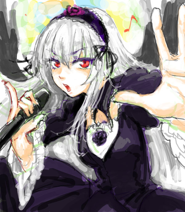 osakana (denpa yun'yun), suigintou, rozen maiden, silver hair, 00s, 1girl, dress, female focus, flower, frills, gothic lolita, hairband, karaoke, lolita fashion, long hair, looking at viewer, microphone, music, open mouth, outstretched hand, red eyes, rose, singing, solo, wings