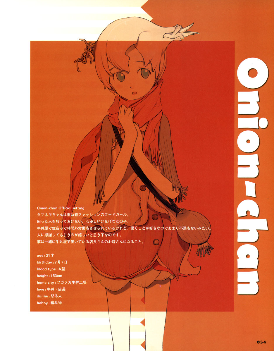 okama, onion-chan, food girls, highres, bag, blush, buttons, dress, fringe trim, green eyes, handbag, jacket, onion, orange hair, scarf, solo, stats, yellow eyes