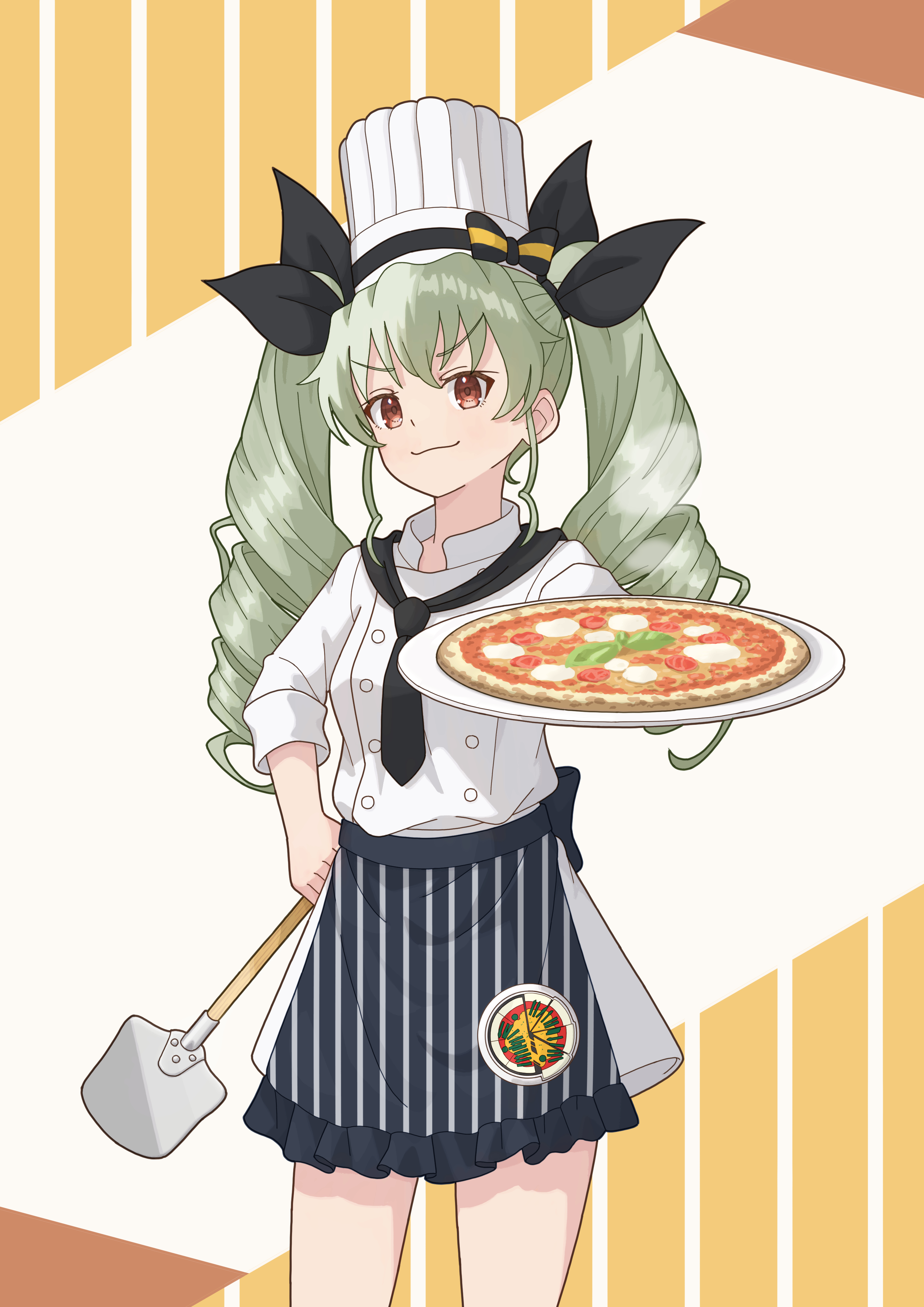 qgkmn541, anchovy (girls und panzer), girls und panzer, absurdres, highres, 1girl, :3, breasts, chef hat, closed mouth, drill hair, food, green hair, hair ribbon, hand on own hip, hat, holding, holding food, long hair, looking at viewer, pizza, red eyes, ribbon, simple background, solo, standing, twin drills, twintails, wide hips