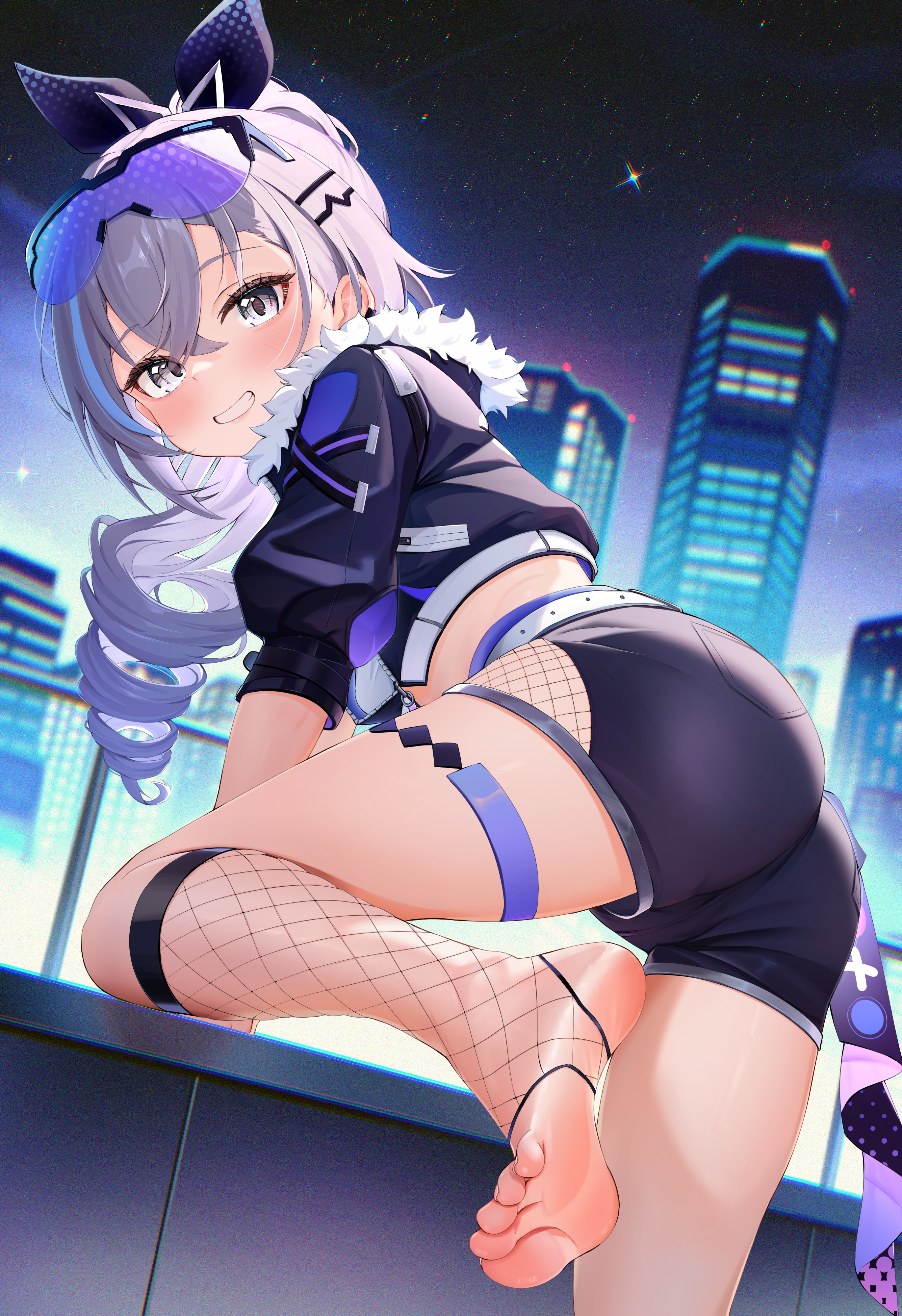 radoremo, silver wolf (honkai: star rail), honkai: star rail, honkai (series), absurdres, highres, 1girl, ass, barefoot, blush, drill hair, drill ponytail, feet, fishnets, grey eyes, grey hair, grin, long hair, looking at viewer, ponytail, smile, soles, stirrup legwear, toeless legwear, toes