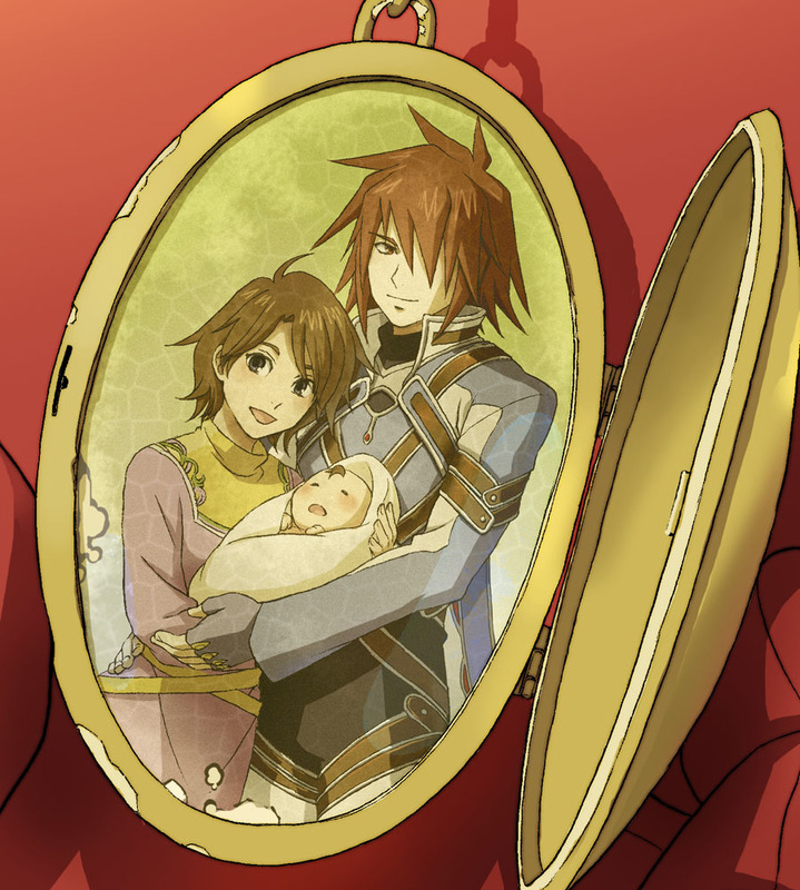 shimabara, sio vanilla, anna irving, kratos aurion, lloyd irving, tales of (series), tales of symphonia, spoilers, 00s, 1girl, 2boys, baby, baby carry, brown eyes, brown hair, carrying, family, father and son, jewelry, locket, mother and son, multiple boys, official alternate costume, pendant, portrait, red background, red eyes, red hair