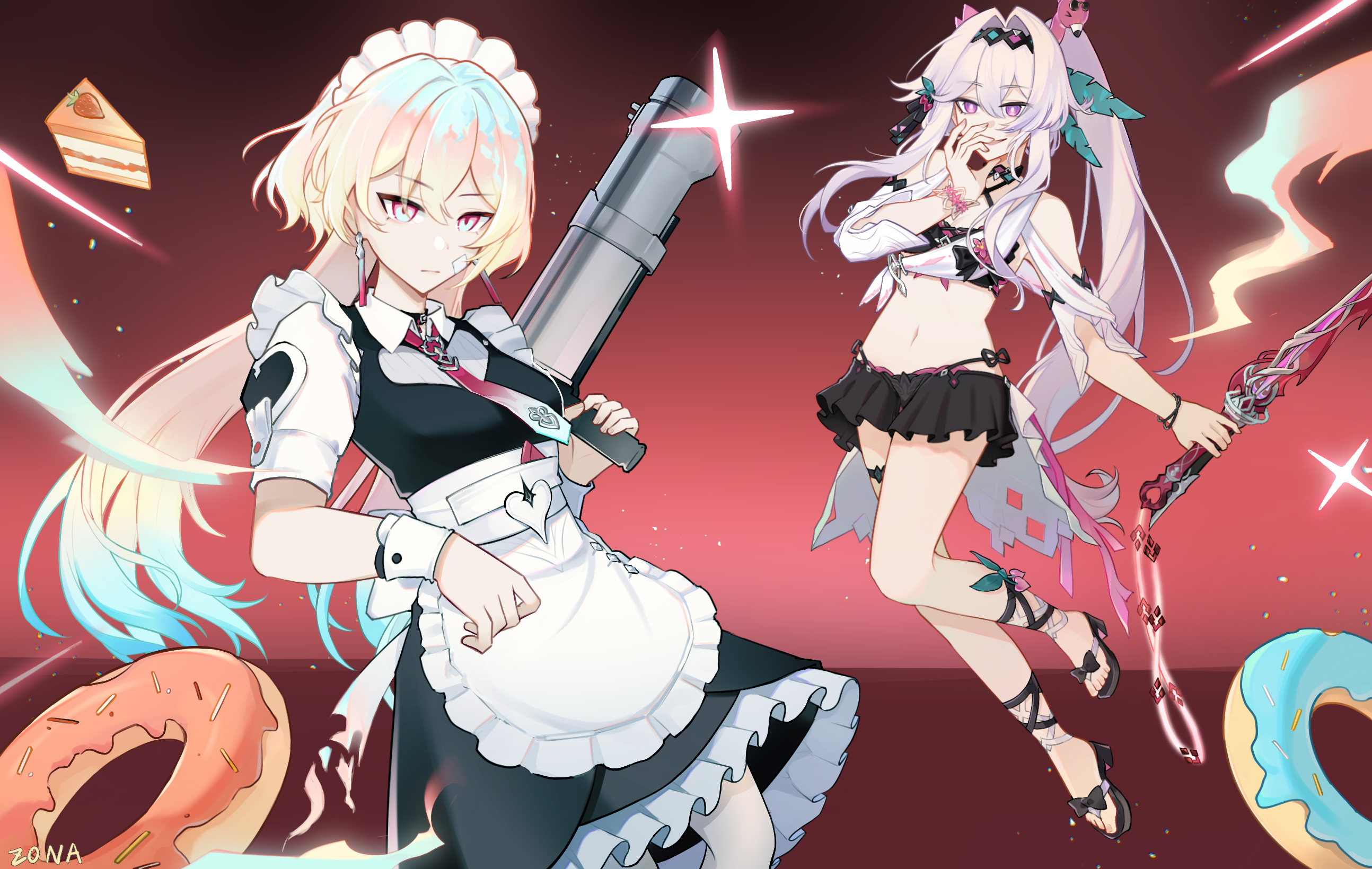 lantern (at your service) (honkai impact), lantern (honkai impact), thelema nutriscu, thelema nutriscu (roseate summer), honkai (series), honkai impact 3rd, chinese commentary, commentary request, highres, apron, aqua hair, bikini, bikini skirt, black bikini, black dress, breasts, cake, cake slice, donut, dress, food, gradient hair, grey hair, hair intakes, holding, holding sword, holding weapon, long hair, maid, maid apron, maid headdress, medium breasts, midriff, multicolored eyes, multicolored hair, navel, official alternate costume, ponytail, purple eyes, red background, rocket launcher, sandals, swimsuit, sword, toes, two-tone eyes, very long hair, weapon, white dress, zona