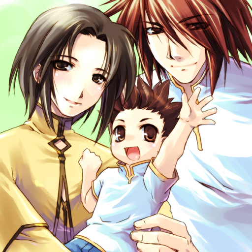anna irving, kratos aurion, lloyd irving, tales of (series), tales of symphonia, spoilers, 00s, 1girl, 2boys, brown eyes, brown hair, family, father and son, mother and son, multiple boys, red hair