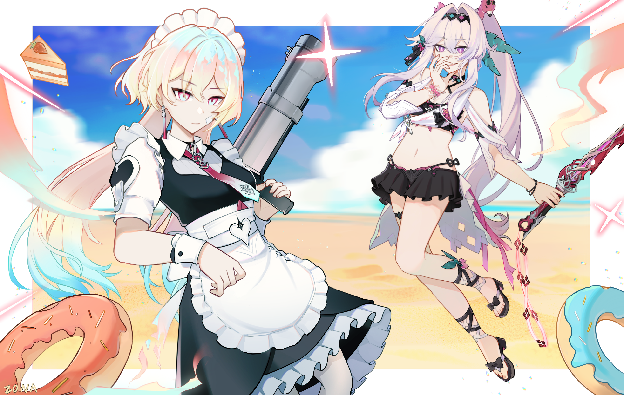 lantern (at your service) (honkai impact), lantern (honkai impact), thelema nutriscu, thelema nutriscu (roseate summer), honkai (series), honkai impact 3rd, chinese commentary, commentary request, highres, 2girls, apron, aqua hair, beach, bikini, bikini skirt, black bikini, black dress, blue sky, border, breasts, cake, cake slice, donut, dress, food, gradient hair, grey hair, hair intakes, holding, holding sword, holding weapon, long hair, maid, maid apron, maid headdress, medium breasts, midriff, multicolored eyes, multicolored hair, multiple girls, navel, ocean, official alternate costume, outdoors, ponytail, purple eyes, rocket launcher, sandals, sky, swimsuit, sword, toes, two-tone eyes, very long hair, weapon, white border, white dress, zona