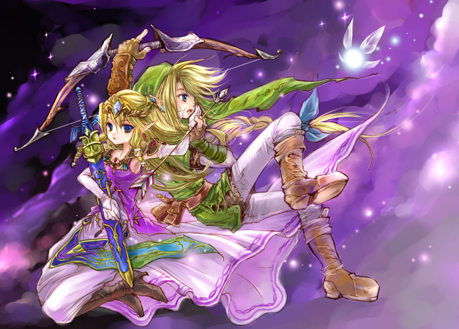 link, navi, princess zelda, nintendo, the legend of zelda, the legend of zelda: twilight princess, clothes, 1boy, 1girl, arrow (projectile), blonde hair, blue eyes, boots, bow (weapon), couple, dress, earrings, fairy, gloves, hand on another's face, hetero, jewelry, long hair, master sword, pointy ears, sheath, sheathed, space, star (symbol), sword, tunic, weapon
