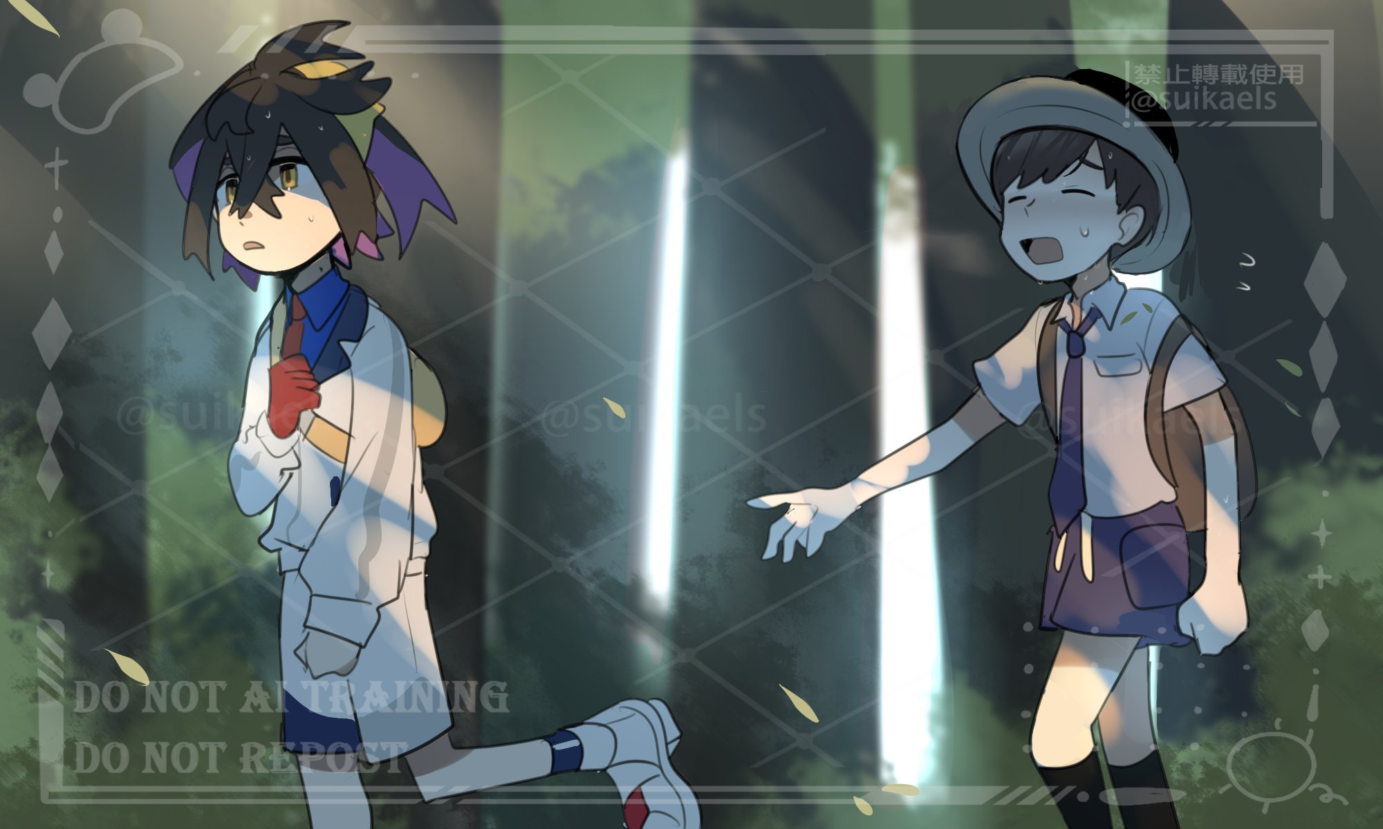 suikaels, florian (pokemon), kieran (pokemon), nintendo, pokemon, pokemon sv, highres, 2boys, black hair, blue shirt, blue socks, blueberry academy school uniform, brown bag, brown hair, closed eyes, collared shirt, crossed bangs, forest, gloves, hair between eyes, hairband, jacket, long sleeves, looking at another, male focus, mole, mole on neck, multicolored hair, multiple boys, nature, necktie, open mouth, outdoors, purple hair, purple necktie, purple shorts, red gloves, red necktie, school uniform, shirt, short hair, shorts, simple background, single glove, socks, standing, upper body, uva academy school uniform, white jacket, white shirt, white shorts, yellow bag, yellow eyes, yellow hairband