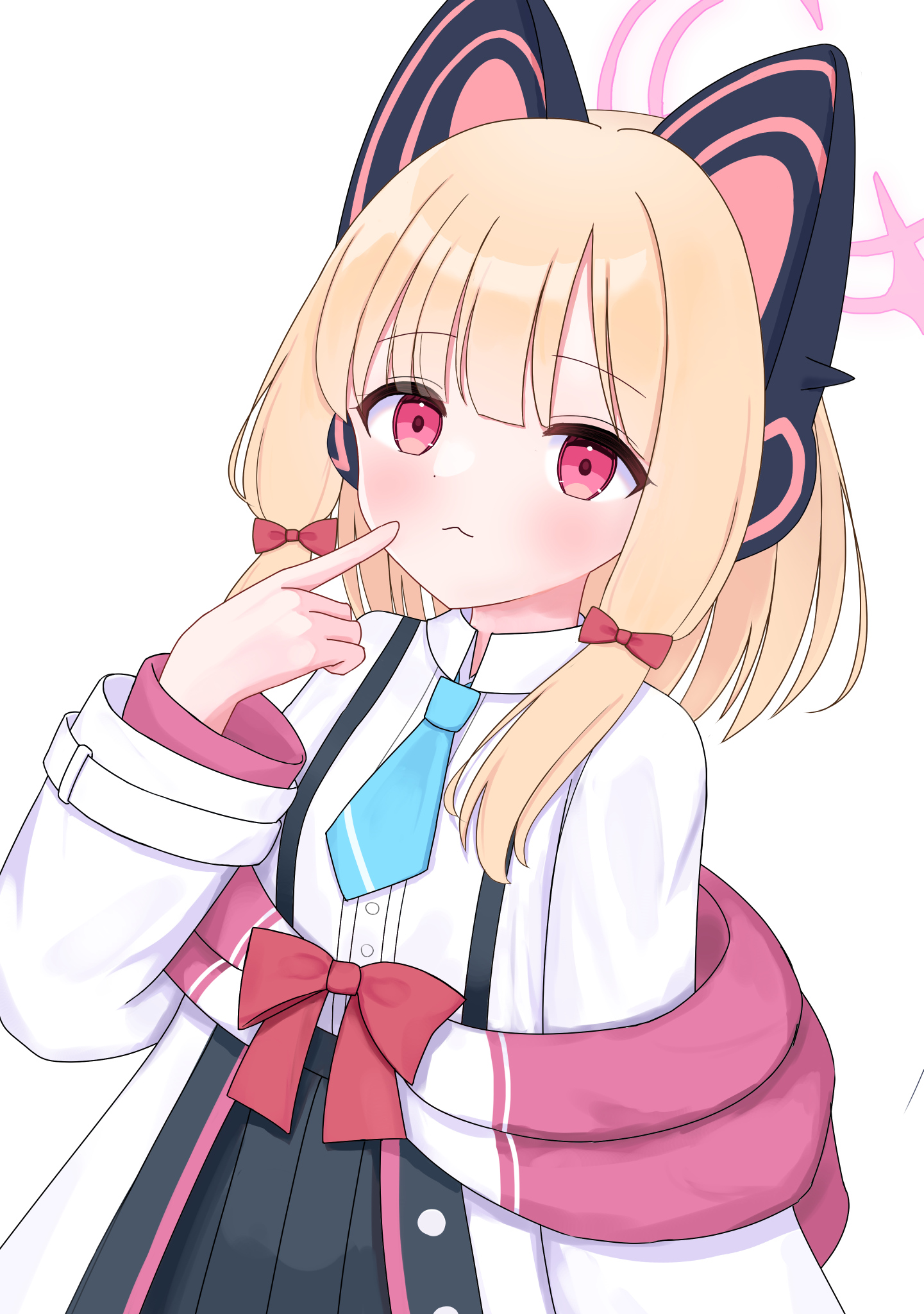 nimonomono, momoi (blue archive), blue archive, commentary, highres, 1girl, :<, animal ear headphones, animal ears, arm at side, black skirt, blonde hair, blue necktie, blush, bow, buttons, cat ear headphones, cat ears, closed mouth, collared shirt, dress shirt, fake animal ears, finger to face, hair bow, halo, hand up, headphones, hood, hood down, hooded jacket, jacket, long sleeves, looking at viewer, low-tied sidelocks, medium hair, multicolored jacket, necktie, off shoulder, parted bangs, pink eyes, pink halo, pink jacket, pleated skirt, pointing, pointing at self, red bow, shirt, sidelocks, simple background, skirt, solo, suspender skirt, suspenders, unbuttoned, upper body, white background, white jacket, white shirt