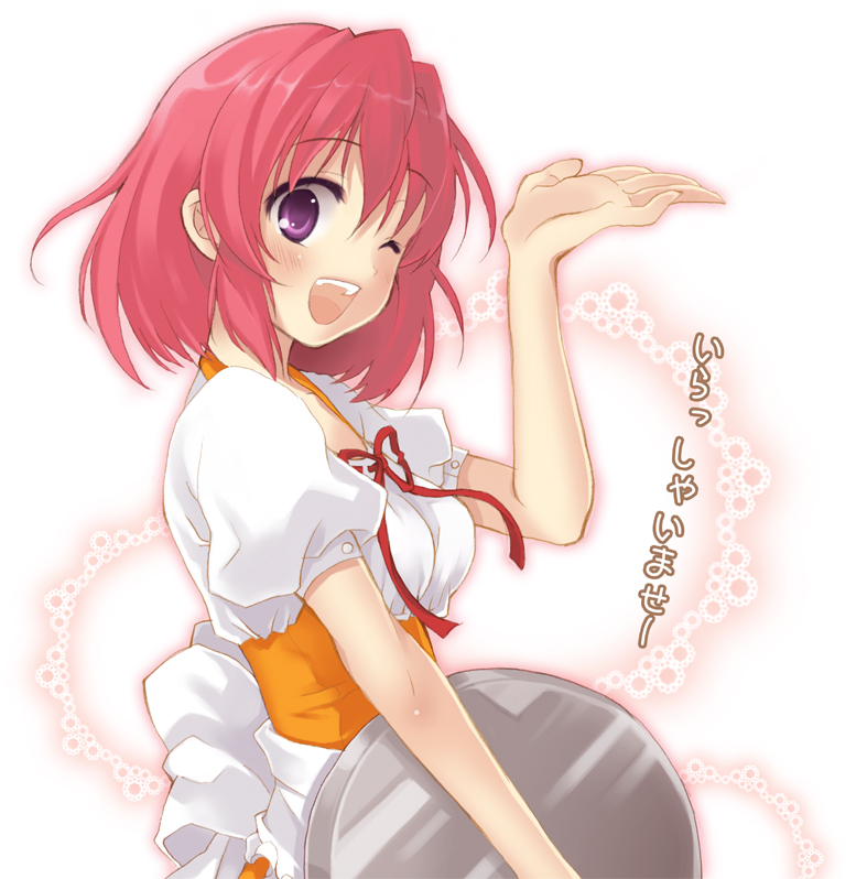 pan (mimi), kushieda minori, toradora!, bad id, bad pixiv id, translation request, 00s, 1girl, female focus, one eye closed, purple eyes, red hair, short hair, solo, tray, waitress, wink