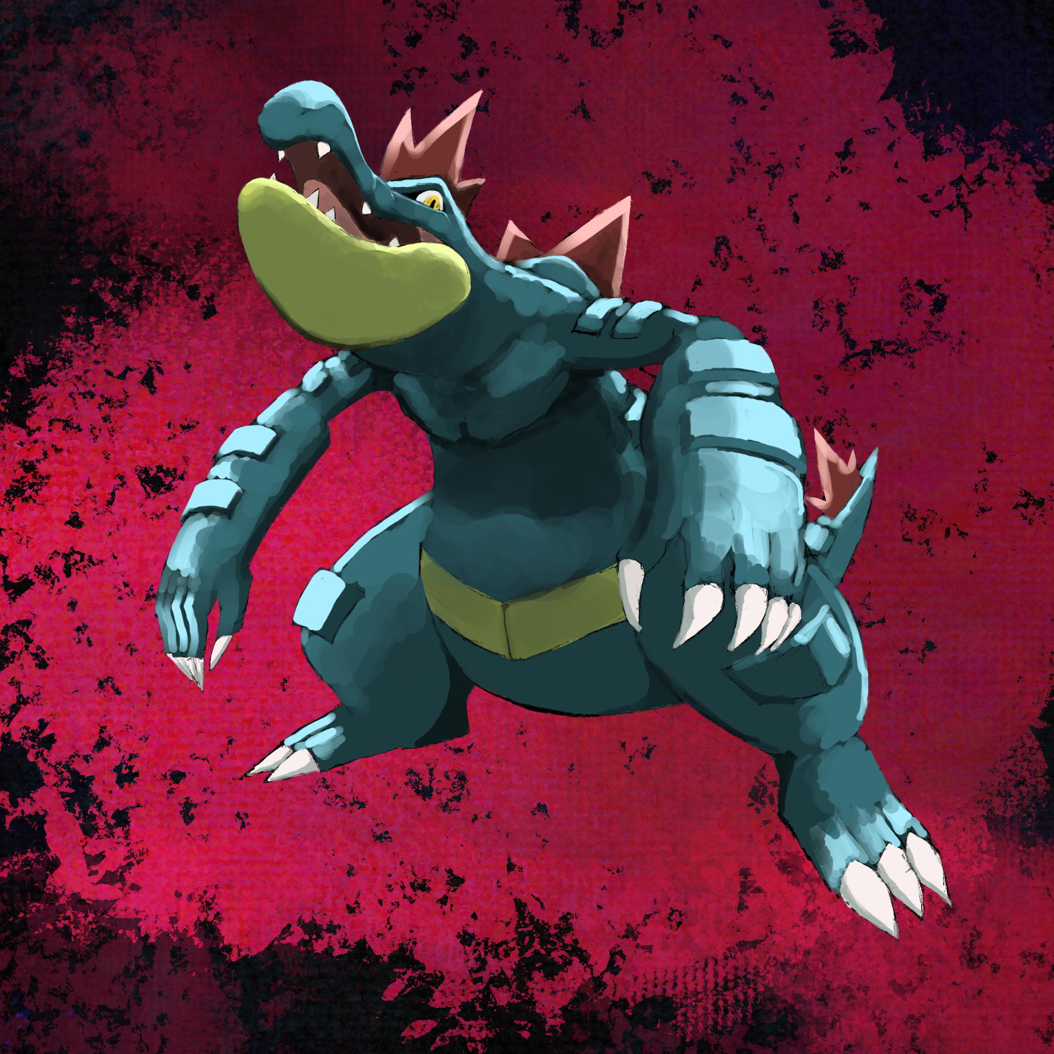 kazubomb fire, feraligatr, nintendo, pokemon, highres, full body, gen 2 pokemon, looking at viewer, open mouth, pokemon (creature), red background, standing, yellow eyes