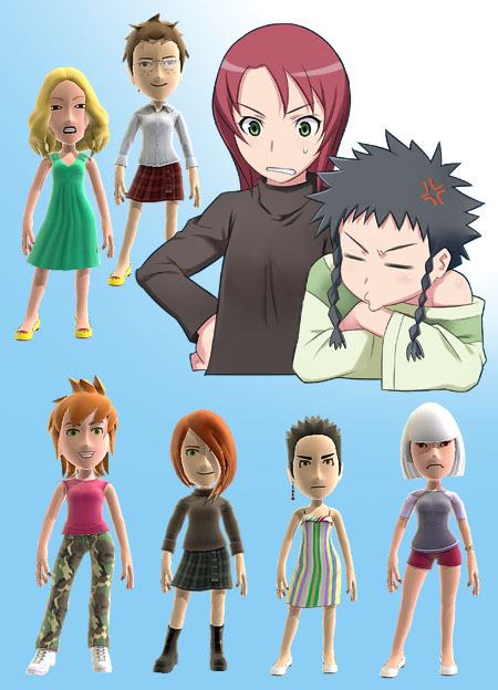maruto!, minagi mikoto, miyu greer, sanada yukariko, sugiura midori, suzushiro haruka, yuuki nao, my-hime, xbox360, 00s, 6+girls, black hair, braid, full body, game console, hug, long hair, looking at viewer, multiple girls, red hair, short hair, spiked hair, standing, twin braids, upper body, what, xbox 360