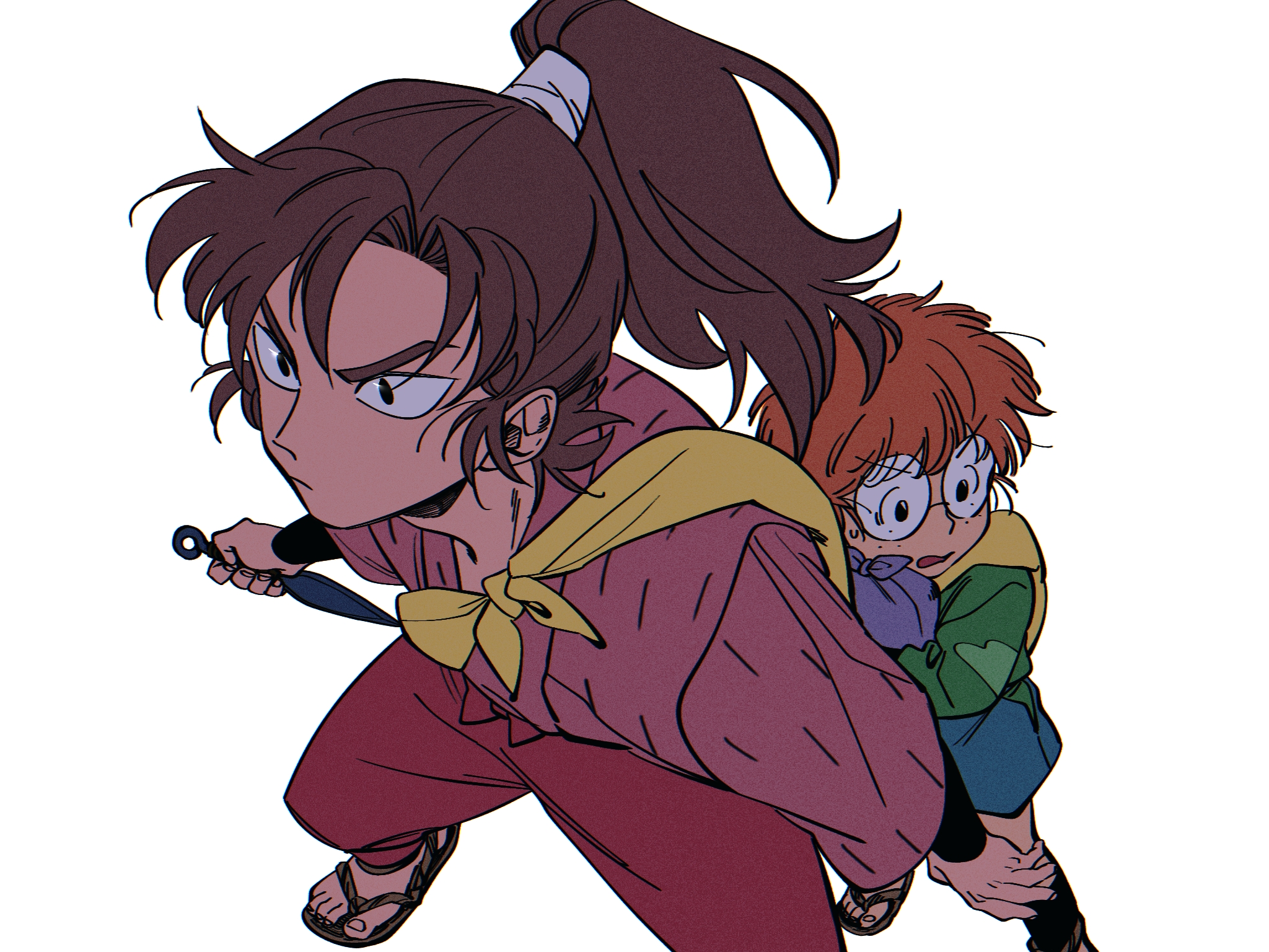 inadera rantarou, yamada rikichi, rakudai ninja rantarou, highres, 2boys, arms at sides, bag, behind another, black eyes, blue shorts, brown hair, closed mouth, curtained hair, feet out of frame, foreshortening, freckles, from above, glasses, green shirt, holding, holding bag, holding kunai, holding weapon, humoto 00, kunai, long hair, looking ahead, looking to the side, multiple boys, orange hair, pants, parted lips, pink shirt, ponytail, purple bag, red pants, round eyewear, sandals, shirt, short hair, shorts, side part, simple background, sweatdrop, v-shaped eyebrows, weapon, white background, wrist guards