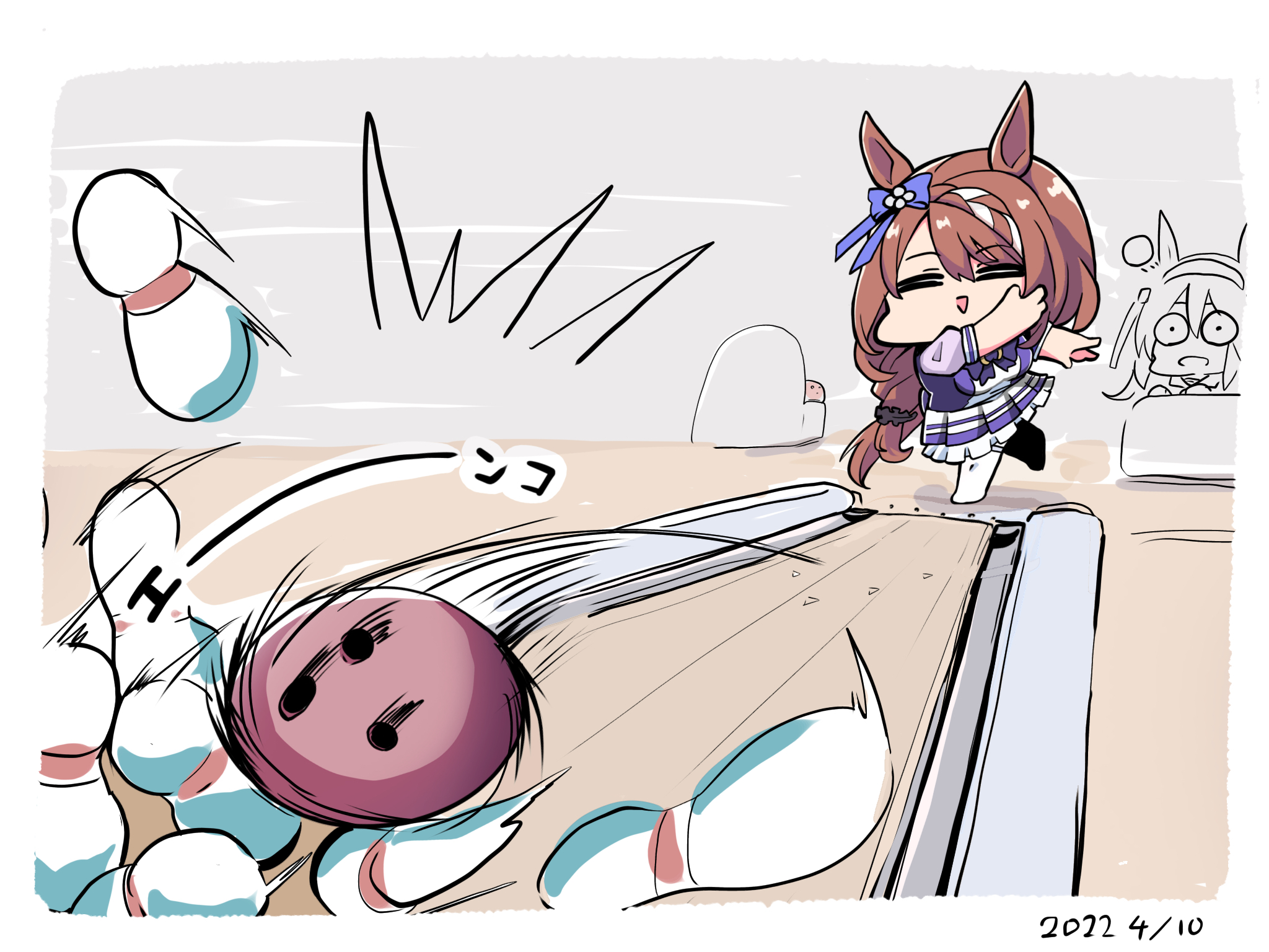 kawamochi (tddm3573), super creek (umamusume), tamamo cross (umamusume), umamusume, highres, translation request, 2girls, :>, ^^^, ball, blue bow, bow, bowling, bowling alley, bowling ball, bowling pin, braid, breasts, brown hair, chibi, closed eyes, dated, hair between eyes, hair bow, hairband, large breasts, long hair, multiple girls, parted lips, pleated skirt, puffy short sleeves, puffy sleeves, purple bow, purple shirt, shirt, short sleeves, skirt, smile, standing, standing on one leg, surprised, thighhighs, triangle mouth, very long hair, white skirt, white thighhighs, wide-eyed