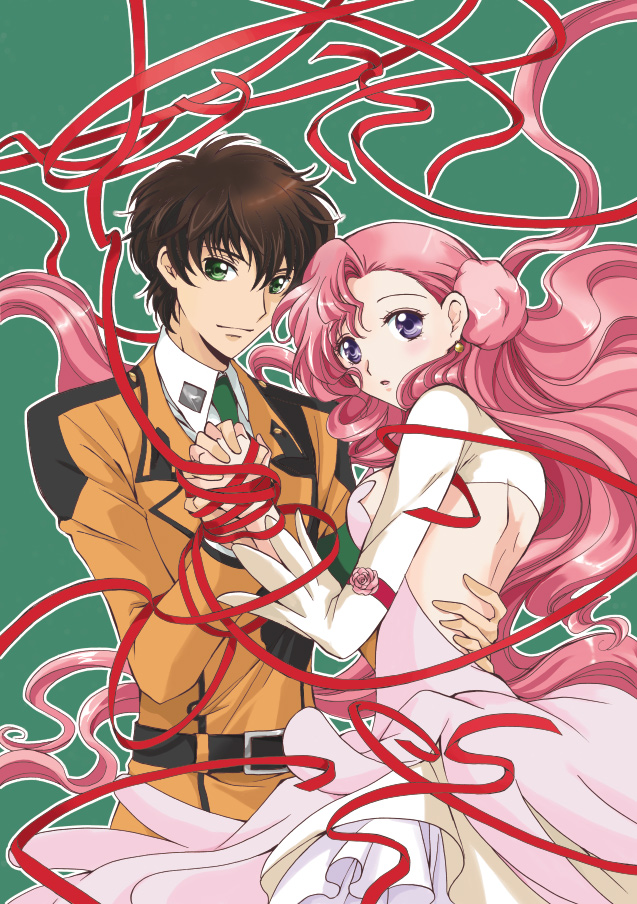 akina tsukako, euphemia li britannia, kururugi suzaku, code geass, bad id, bad pixiv id, 00s, brown hair, donut hair bun, green eyes, hair bun, holding hands, long hair, pink hair, purple eyes, ribbon, string, string of fate