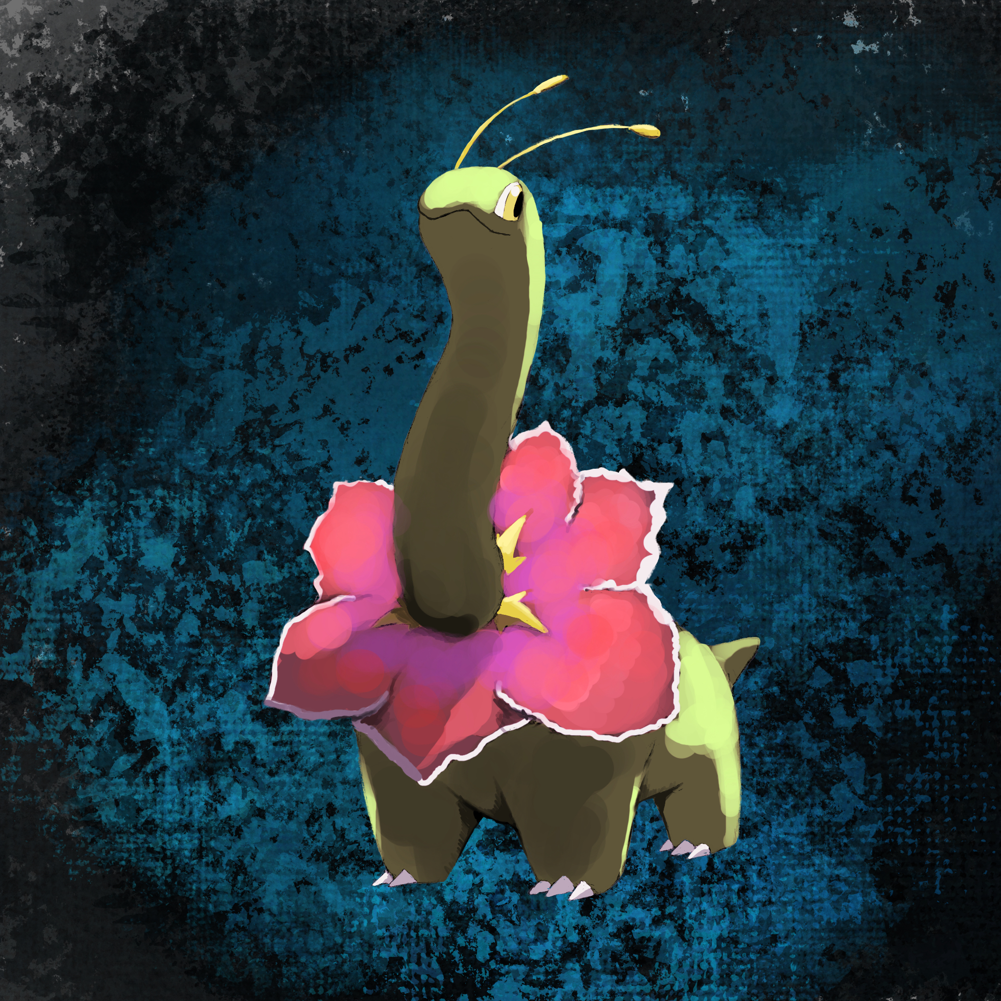kazubomb fire, meganium, nintendo, pokemon, highres, blue background, full body, gen 2 pokemon, no humans, pokemon (creature), solo, standing, yellow eyes