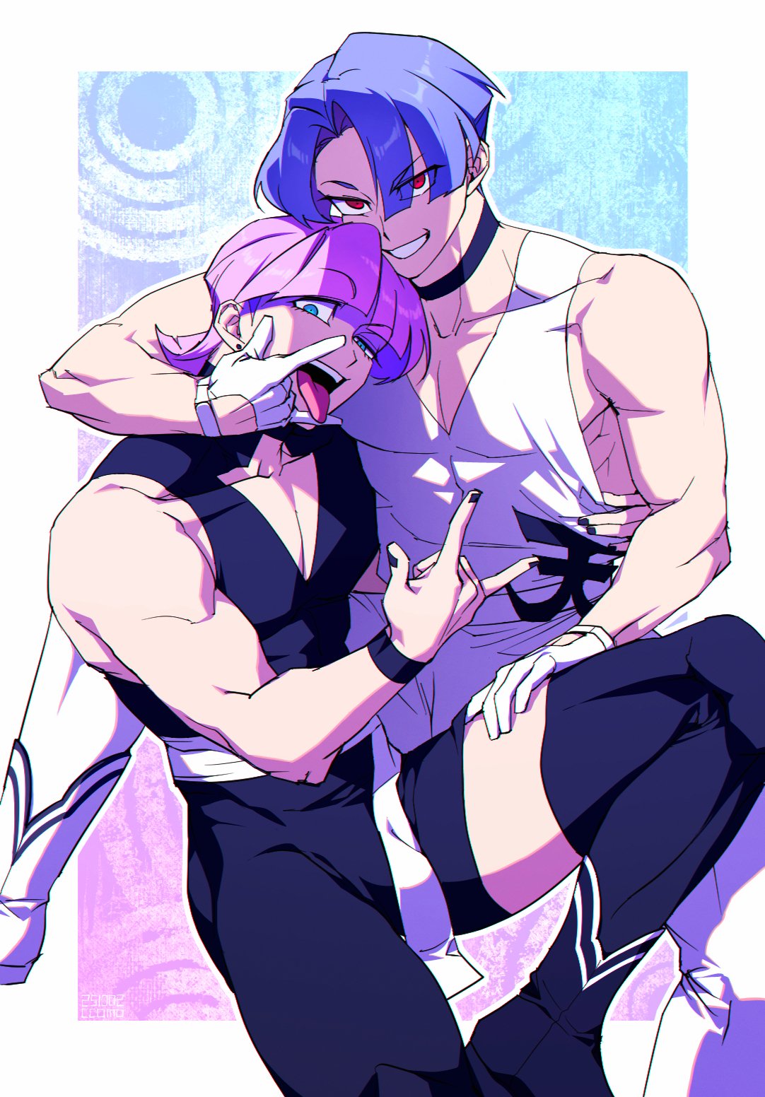 polyester (psg), polyurethane (psg), panty & stocking with garterbelt, commentary, highres, 2boys, arm around shoulder, arm up, bare shoulders, black bodysuit, black nails, blue eyes, blue hair, blunt bangs, bodysuit, broad shoulders, ccomoccurip, clothing cutout, collarbone, fingernails, glove cutout, gloves, grin, hand on another's thigh, looking at viewer, male focus, multiple boys, nail polish, one eye closed, parted hair, pink hair, red eyes, smile, teeth, tongue, tongue out, white bodysuit, white gloves