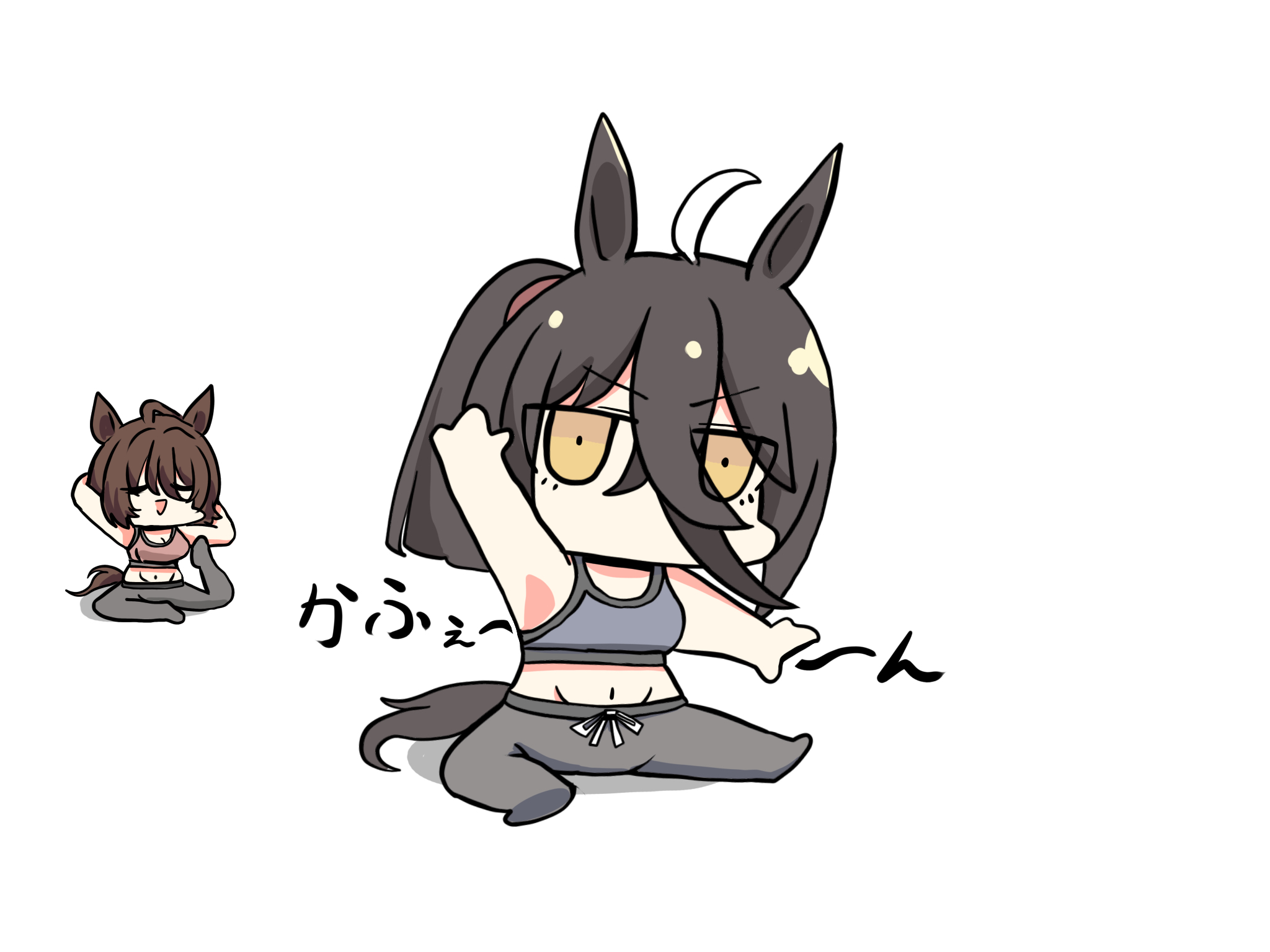 kawamochi (tddm3573), agnes tachyon (umamusume), manhattan cafe (umamusume), umamusume, highres, translation request, 2girls, ahoge, animal ears, arm up, armpits, bare arms, bare shoulders, black hair, brown eyes, brown hair, chibi, grey pants, groin, horse ears, horse girl, horse tail, looking at viewer, multicolored hair, multiple girls, navel, no shoes, pants, ponytail, shadow, simple background, solo focus, tail, two-tone hair, white background, white hair, yoga, yoga pants
