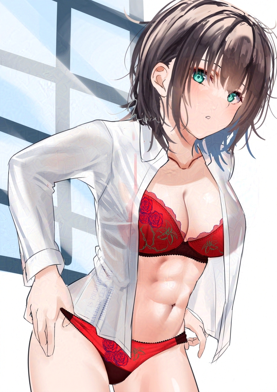 noir (nowaru), aoi erika, heaven burns red, highres, 1girl, abs, adjusting clothes, adjusting panties, aqua eyes, black hair, blush, bra, breasts, brown hair, cleavage, collarbone, collared shirt, floral print, green eyes, lace, lace-trimmed bra, lace trim, large breasts, long sleeves, looking at viewer, medium breasts, medium hair, navel, no pants, open clothes, open shirt, panties, parted lips, print bra, print panties, red bra, red panties, see-through clothes, shirt, short hair, solo, standing, underwear, white shirt, window