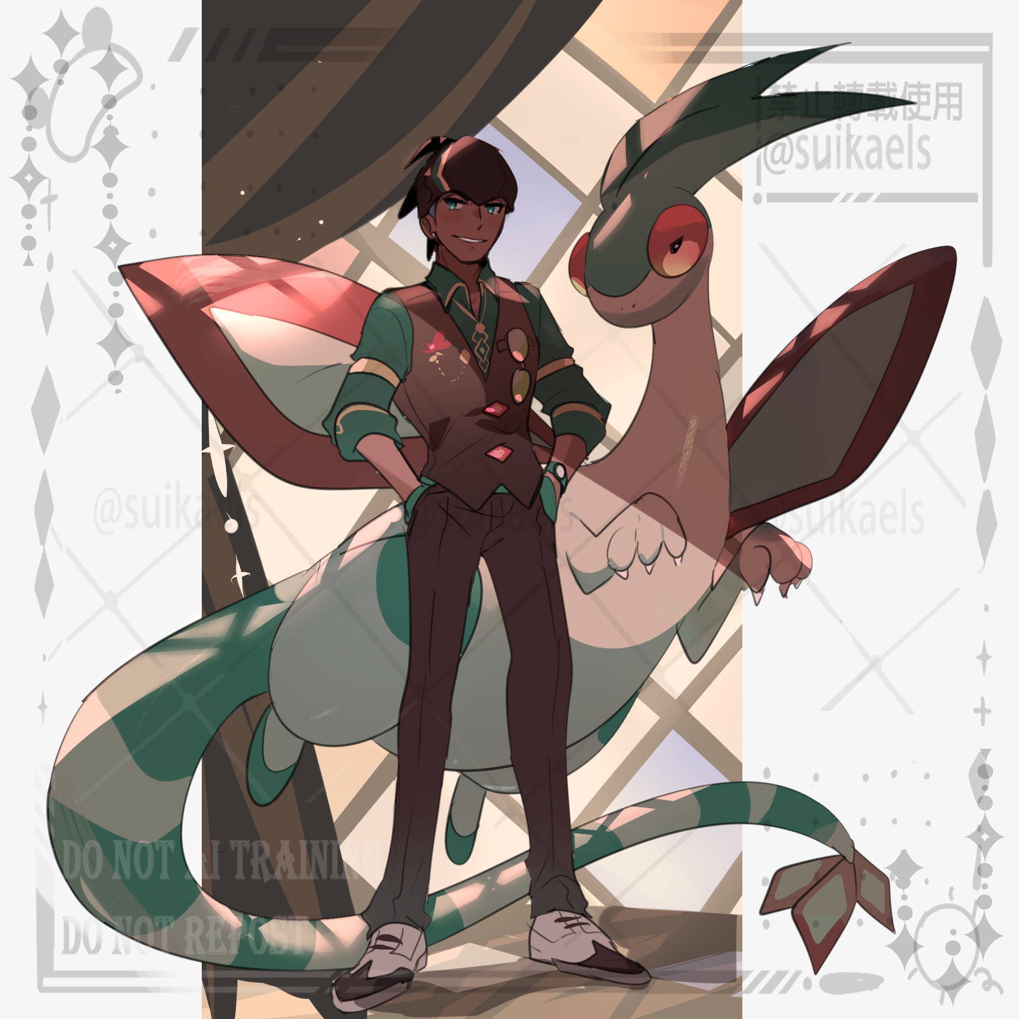 suikaels, flygon, raihan (anniversary 2022) (pokemon), raihan (pokemon), nintendo, pokemon, pokemon masters ex, highres, 1boy, alternate color, aqua eyes, black hair, black headband, black pants, border, collared shirt, dark-skinned male, dark skin, dragon, flying, full body, gen 3 pokemon, gold trim, green shirt, grey vest, headband, looking at viewer, male focus, official alternate costume, pants, pokemon (creature), red eyes, shirt, shoes, short hair, simple background, standing, vest, white border, white shoes, wings