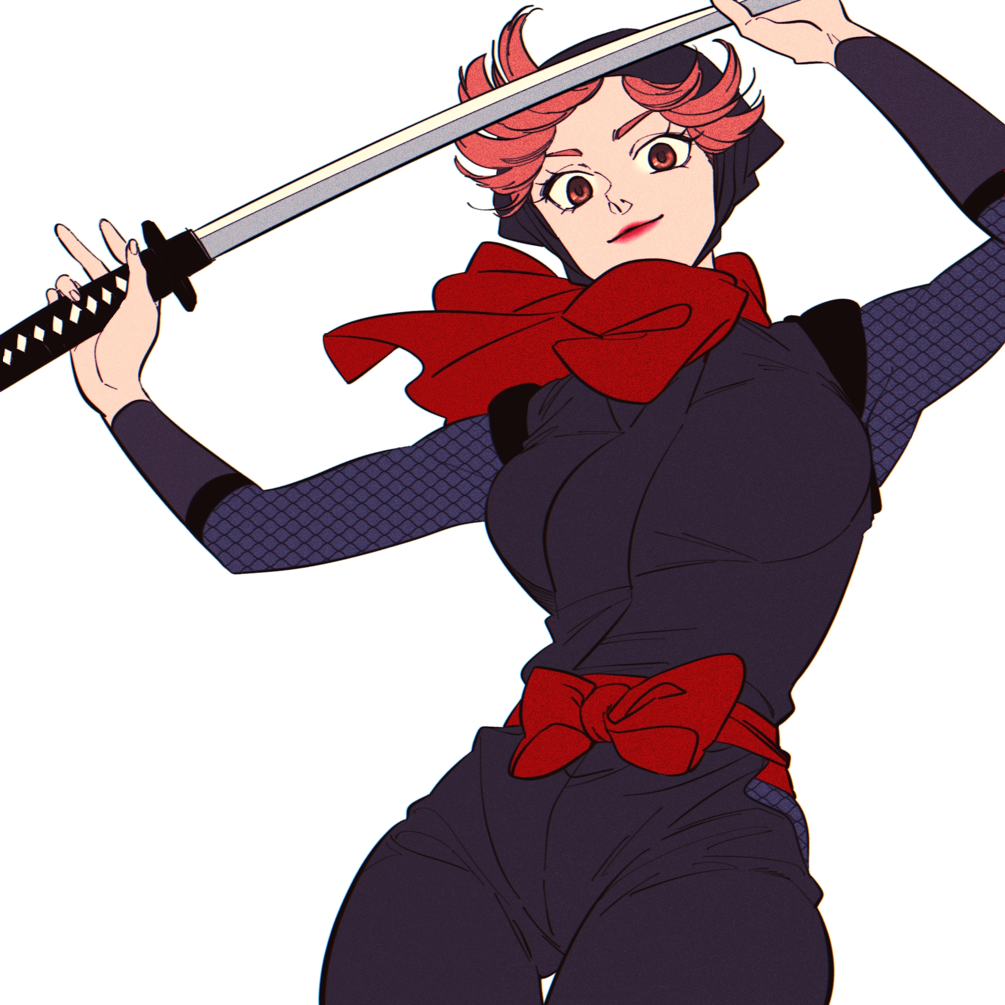 yamamoto shina, rakudai ninja rantarou, highres, 1girl, arm up, black hood, black pants, black shirt, breasts, cowboy shot, detached hood, flipped bangs, hand on blade, hand up, holding, holding sword, holding weapon, humoto 00, light smile, lipstick, long sleeves, looking at viewer, makeup, medium breasts, nostrils, pants, pink eyes, pink hair, red lips, red sash, red scarf, sash, scarf, shirt, side part, simple background, sleeveless, solo, sword, two-handed, weapon, white background, wrist guards