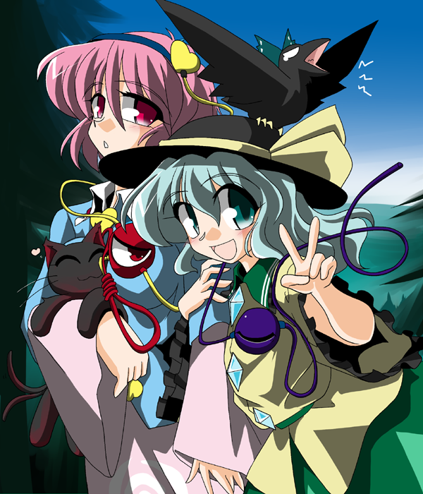 kieyza, kaenbyou rin, kaenbyou rin (cat), komeiji koishi, komeiji satori, reiuji utsuho, reiuji utsuho (bird), touhou, 2girls, :3, :d, :o, ^ ^, aqua eyes, aqua hair, arm hug, bird, breasts, cat, closed eyes, crow, day, female focus, forest, hairband, hat, looking at viewer, medium breasts, multiple girls, nature, open mouth, outdoors, pine tree, pink eyes, pink hair, sky, smile, third eye, tree, walking, wide sleeves