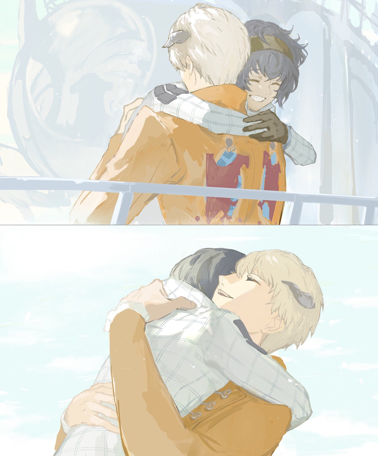 samerkgk, protagonist (metaphor: refantazio), strohl (metaphor: refantazio), metaphor: refantazio, highres, 2boys, arms up, black gloves, closed eyes, coat, gloves, grin, hairband, horns, hug, long sleeves, male focus, metal hairband, multiple boys, mutual hug, patterned clothing, railing, smile, teeth, white coat, yaoi, yellow coat