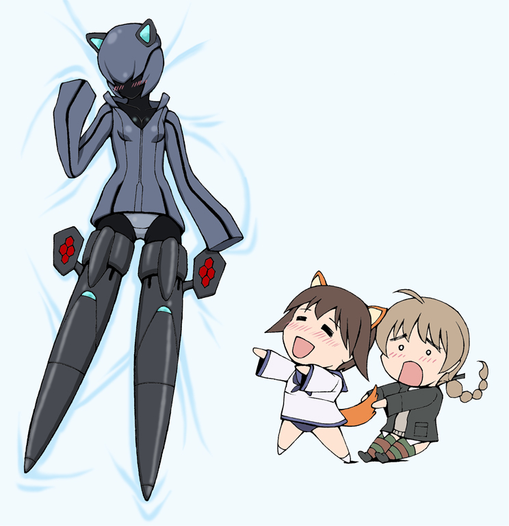lynette bishop, miyafuji yoshika, neuroi, neuroi girl, strike witches, world witches series, multicolored legwear, striped legwear, 00s, 3girls, :o, = =, animal ears, blonde hair, braid, brown hair, chibi, female pervert, full body, helmet, long sleeves, machinery, multiple girls, open mouth, panties, pervert, single braid, solid circle eyes, standing, striped clothes, striped thighhighs, swimsuit, swimsuit under clothes, tail, thighhighs, underwear, white panties