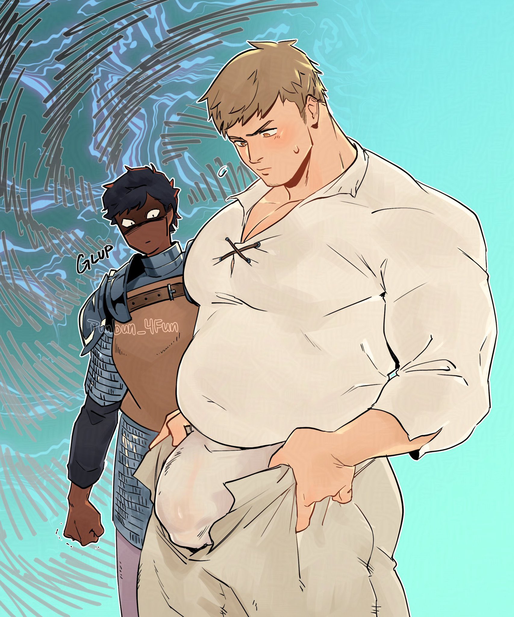 punbun 4fun, kabru, laios touden, dungeon meshi, commentary, english commentary, highres, 2boys, alternate body size, armor, bara, belly, black hair, blonde hair, bulge, dark-skinned male, dark skin, facial hair, goatee stubble, male focus, multiple boys, muscular, muscular male, open fly, pectoral cleavage, pectorals, short hair, stubble, twitter username