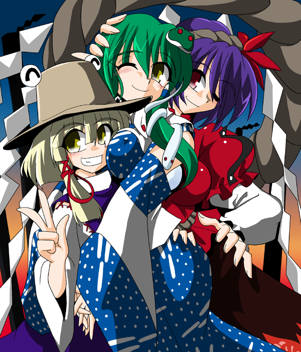 kieyza, kiezya, kochiya sanae, moriya suwako, yasaka kanako, touhou, 3girls, female focus, grin, hair ornament, hat, hug, leaf hair ornament, multiple girls, one eye closed, smile, v