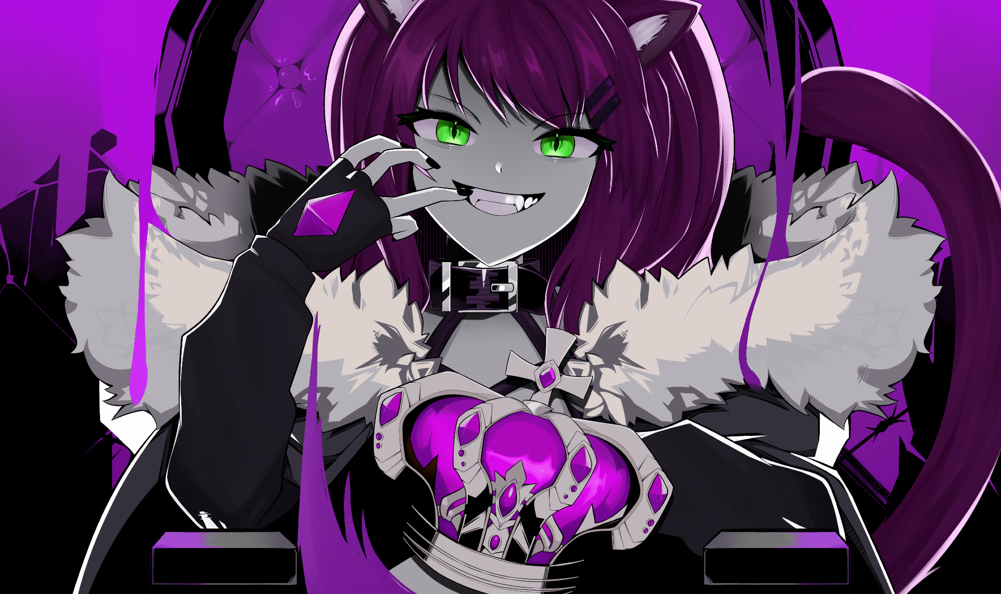 king (vocaloid), commentary, commentary request, commission, english commentary, highres, mixed-language commentary, second-party source, 1other, alternate costume, animal collar, animal ear fluff, animal ears, black background, cat ears, cat tail, collar, cross, crown, fingerless gloves, fur trim, gem, gloves, green eyes, grin, hair ornament, hairclip, hand up, looking at viewer, mobbox, nail polish, other focus, parallel hairclips, partially colored, purple background, purple crown, purple gemstone, purple hair, purple tail, purple theme, sharp teeth, slit pupils, smile, solo, swept bangs, tail, tail raised, teeth, thedivis, thedivis (3rd costume), throne, tsurime, two-tone background, unworn crown, upper body