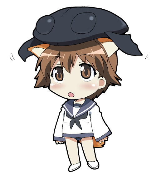 miyafuji yoshika, neuroi, strike witches, world witches series, 00s, 1girl, animal ears, brown eyes, brown hair, chibi, female focus, fox ears, hat, long sleeves, sailor collar, school uniform, serafuku, shirt, simple background, solo, standing, teardrop, white background, white shirt