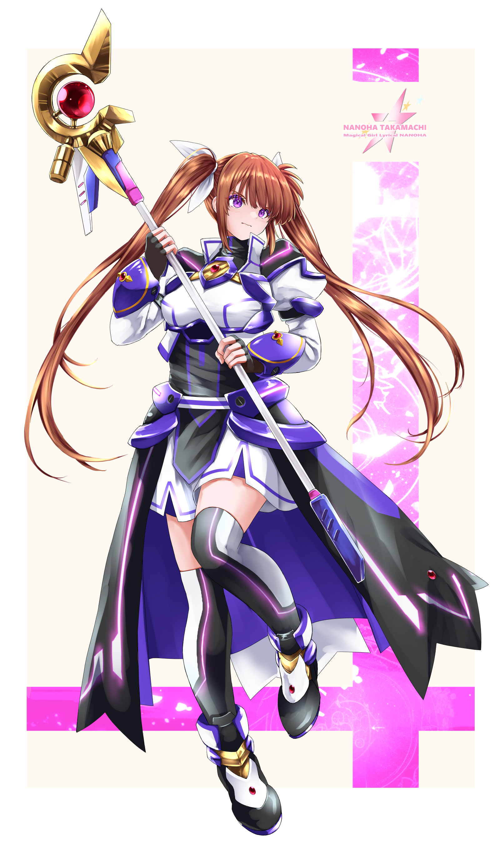 sougetsu izuki, raising heart, takamachi nanoha, lyrical nanoha, mahou shoujo lyrical nanoha detonation, mahou shoujo lyrical nanoha strikers, absurdres, commentary request, highres, 1girl, brown hair, character name, copyright name, fingerless gloves, full body, gloves, hair ribbon, holding, holding staff, long hair, purple eyes, ribbon, skirt, solo, staff, thighhighs, twintails, white ribbon