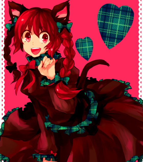 dada, dada (dolce), kaenbyou rin, touhou, bad id, bad pixiv id, 1girl, :d, animal ears, bow, braid, cat ears, cat girl, cat tail, female focus, frills, hair bow, looking at viewer, multiple hair bows, open mouth, paw pose, pink background, pink eyes, red eyes, red hair, skirt, skirt set, smile, solo, tail, twin braids, unmoving pattern