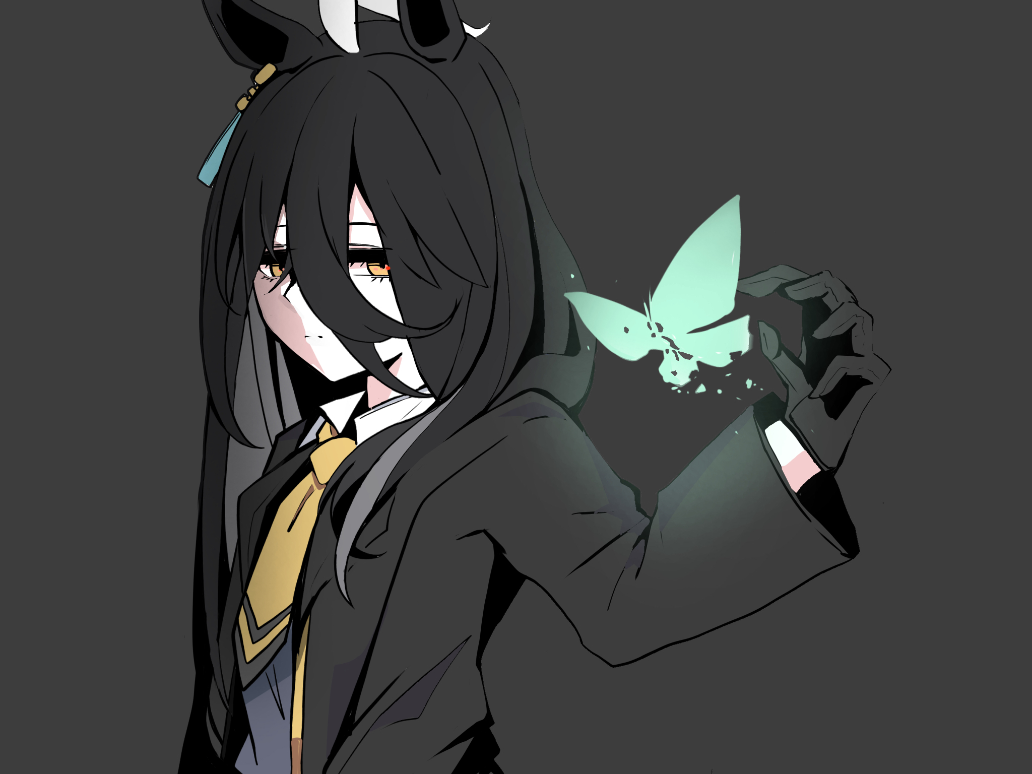 kawamochi (tddm3573), manhattan cafe (creeping black) (umamusume), manhattan cafe (umamusume), umamusume, highres, 1girl, ahoge, animal, animal ears, black gloves, black hair, black jacket, brown eyes, bug, butterfly, closed mouth, collared shirt, gloves, grey background, grey shirt, hair between eyes, hand up, horse ears, insect, jacket, long hair, multicolored hair, necktie, open clothes, open jacket, shirt, simple background, solo, two-tone hair, upper body, white hair, yellow necktie