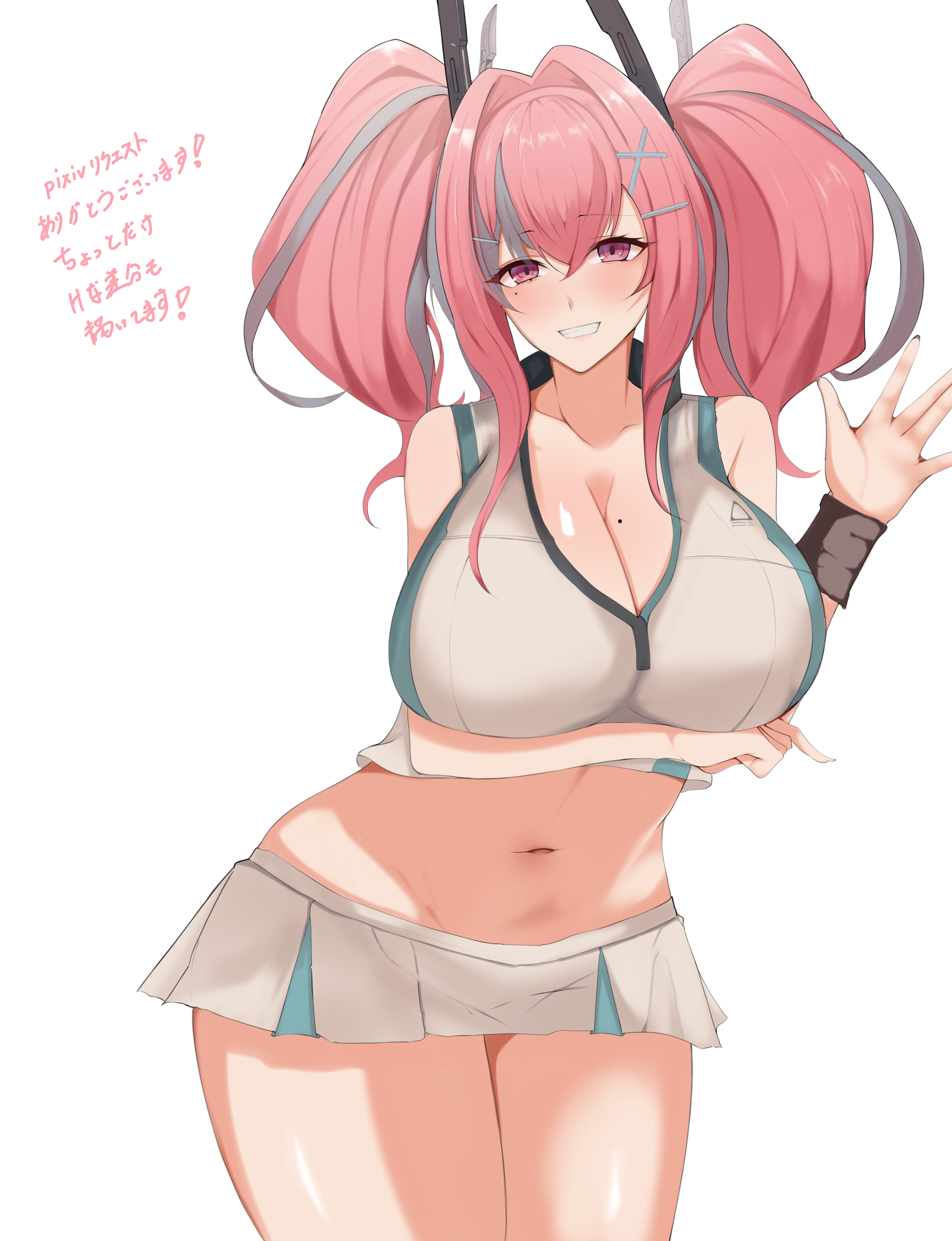 gear0710, bremerton (azur lane), bremerton (scorching-hot training) (azur lane), azur lane, absurdres, commentary request, commission, highres, pixiv commission, translation request, 1girl, arm under breasts, bare shoulders, blush, breasts, cleavage, collarbone, cowboy shot, crop top, crossed bangs, green skirt, grey hair, grin, groin, hair between eyes, hair intakes, hair ornament, hand up, large breasts, long hair, looking at viewer, mole, mole on breast, mole under eye, multicolored hair, navel, official alternate costume, pink eyes, pink hair, shirt, sidelocks, simple background, skirt, sleeveless, sleeveless shirt, smile, solo, sportswear, standing, stomach, streaked hair, teeth, tennis uniform, twintails, two-tone hair, two-tone shirt, two-tone skirt, white background, white shirt, white skirt, wristband, x hair ornament