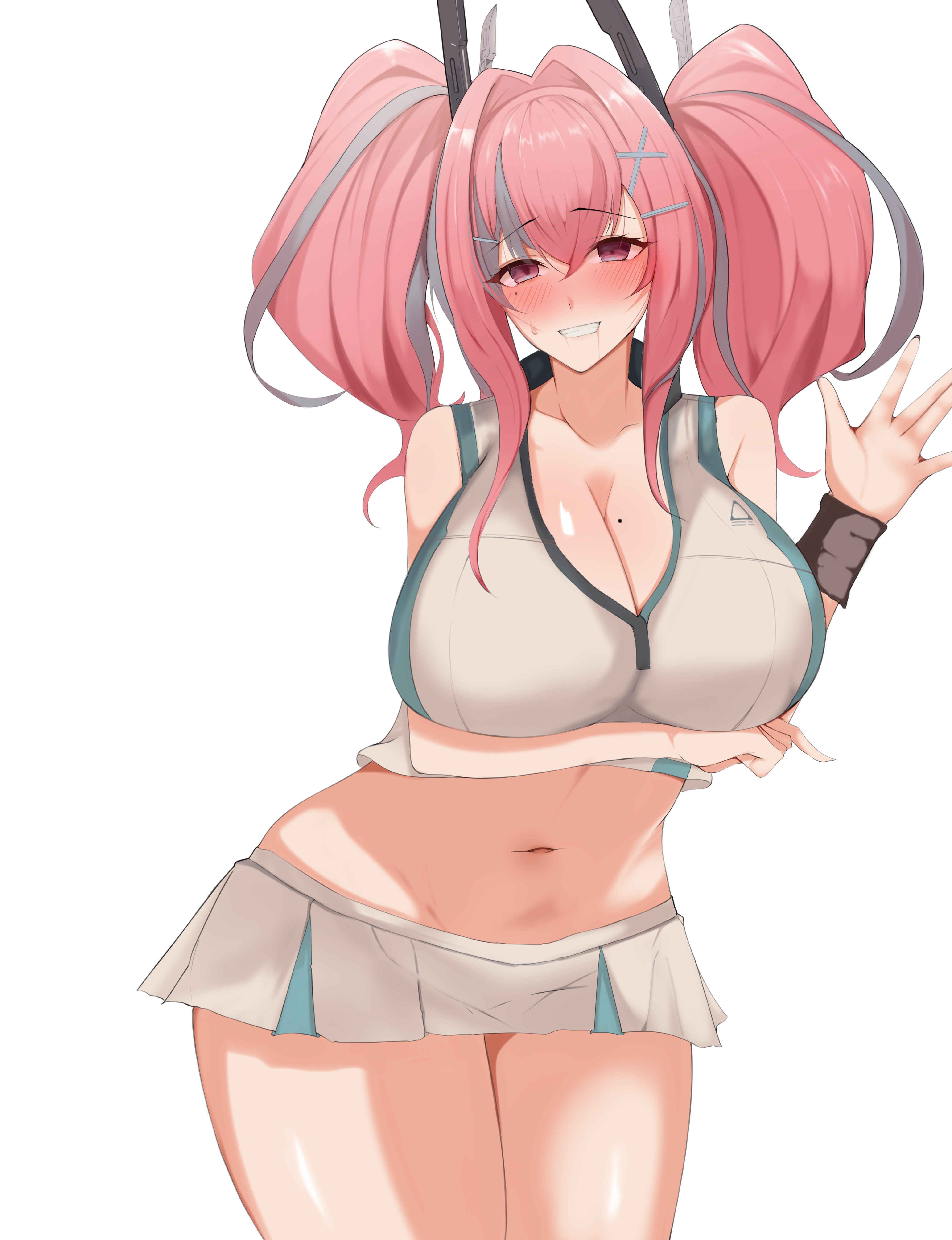gear0710, bremerton (azur lane), bremerton (scorching-hot training) (azur lane), azur lane, absurdres, commentary request, commission, highres, pixiv commission, 1girl, arm under breasts, bare shoulders, blush, breasts, cleavage, collarbone, cowboy shot, crop top, crossed bangs, green skirt, grey hair, grin, groin, hair between eyes, hair intakes, hair ornament, hand up, large breasts, long hair, looking at viewer, mole, mole on breast, mole under eye, multicolored hair, navel, nose blush, official alternate costume, pink eyes, pink hair, saliva, shirt, sidelocks, simple background, skirt, sleeveless, sleeveless shirt, smile, solo, sportswear, standing, stomach, streaked hair, teeth, tennis uniform, twintails, two-tone hair, two-tone shirt, two-tone skirt, white background, white shirt, white skirt, wristband, x hair ornament