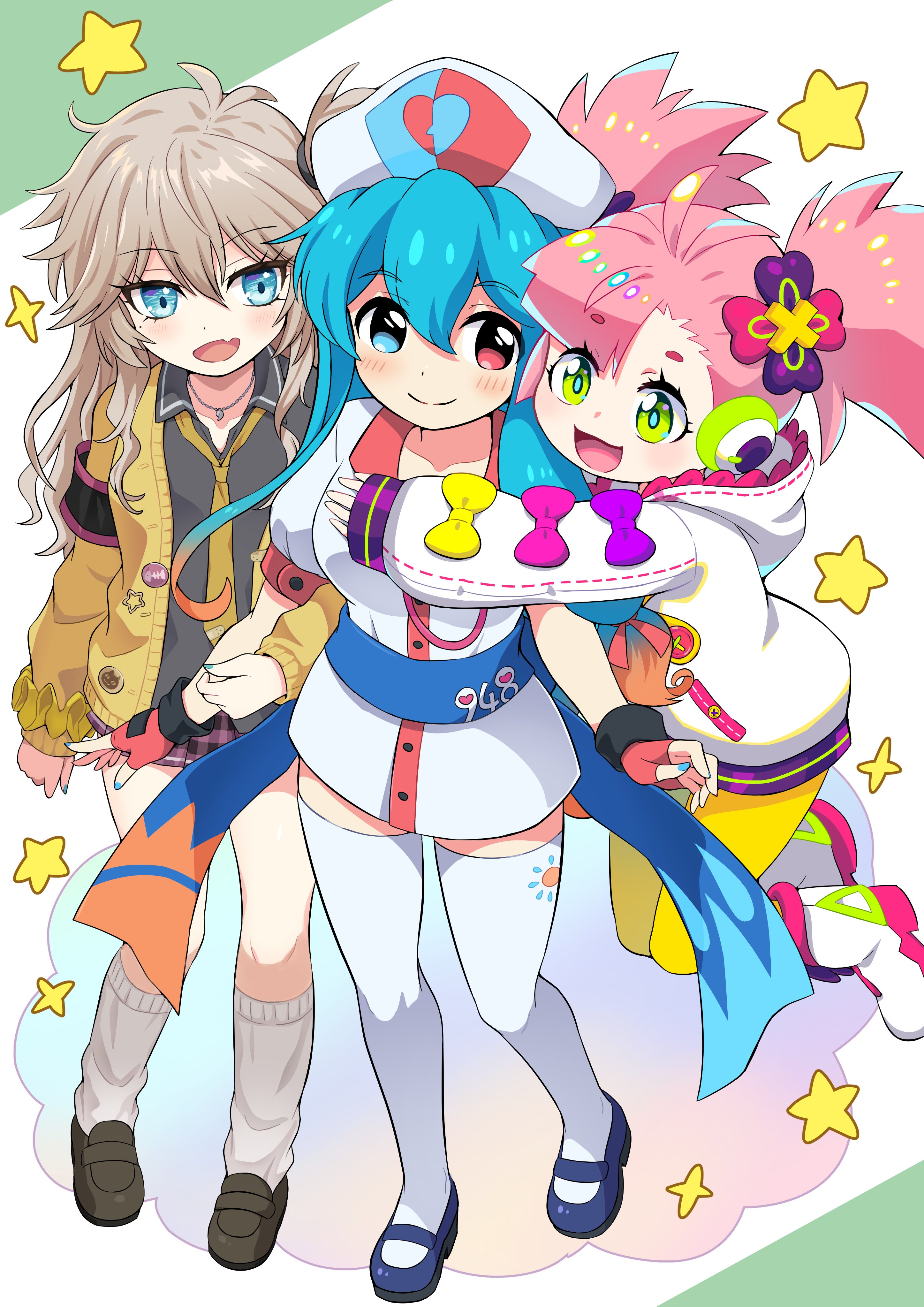 pokemoa, haruka nana, kasukabe tsumugi, voicevox, absurdres, highres, 3girls, ahoge, amehare hau, black shirt, blue eyes, blue hair, blush, boots, breasts, brown hair, cardigan, closed mouth, collared shirt, dress, fang, fingerless gloves, gloves, green eyes, hair ornament, hat, headphones, heterochromia, hood, hood down, hoodie, hug, long hair, long sleeves, looking at viewer, loose necktie, loose socks, mole, mole under eye, multicolored hair, multiple girls, necktie, nurse cap, open cardigan, open clothes, open mouth, orange hair, pantyhose, pink hair, plaid clothes, plaid skirt, puffy short sleeves, puffy sleeves, red eyes, shirt, shoes, short sleeves, skin fang, skirt, smile, socks, star (symbol), thighhighs, twintails, white boots, white dress, white hoodie, white thighhighs, yellow cardigan, yellow necktie, yellow pantyhose