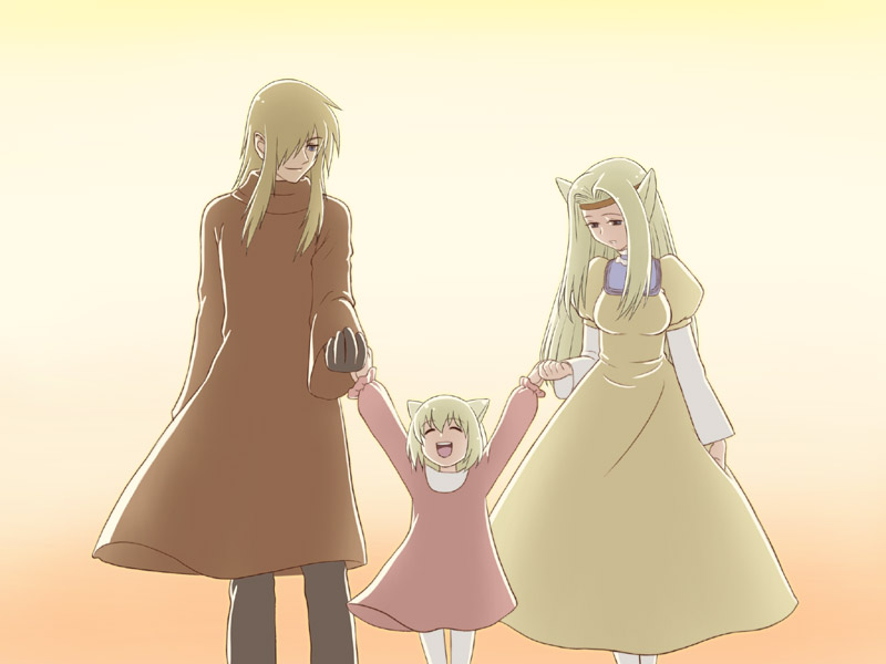 memusu, tsuuma, viral (ttgl), tengen toppa gurren lagann, 00s, 1boy, 2girls, animal ears, blonde hair, child, dress, family, hair over one eye, long hair, long sleeves, multiple girls, pants, pantyhose, short hair