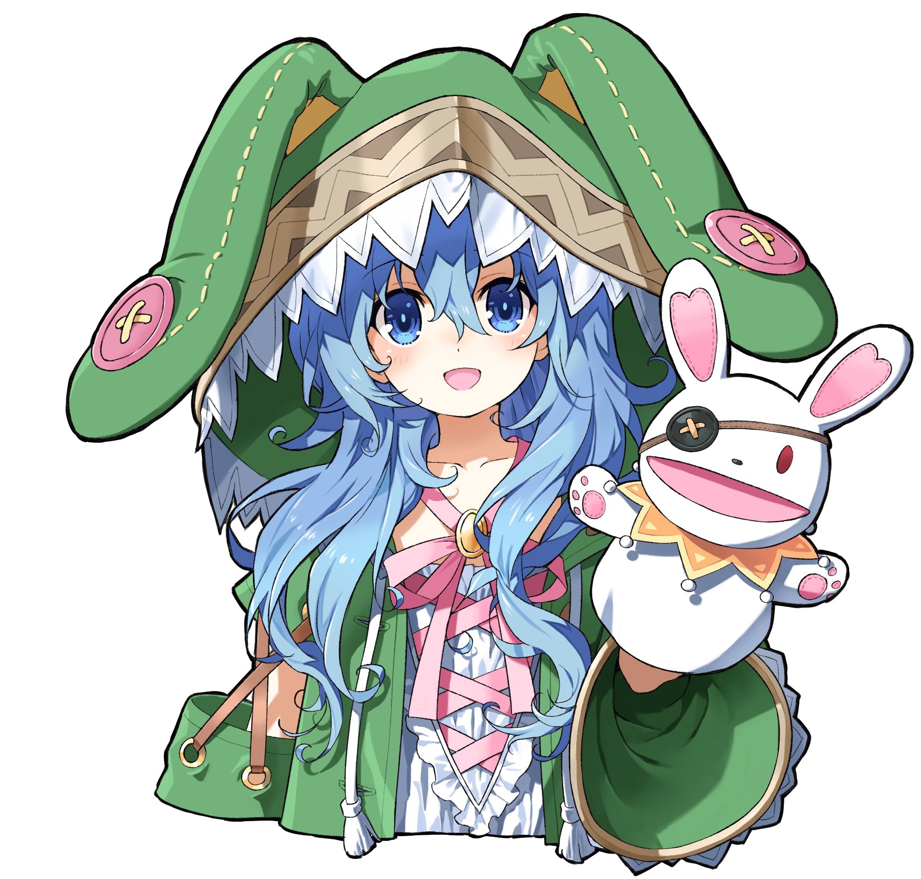 himekawa yoshino, yoshinon, date a live, highres, 1girl, 1other, animal ears, animal hood, asdf 4532, blue eyes, blue hair, coat, cropped torso, drawstring, dress, eyepatch, fake animal ears, green coat, hand puppet, himekawa yoshino (spirit), hood, long hair, looking at viewer, open mouth, puppet, rabbit ears, smile, solo, white dress, wide sleeves