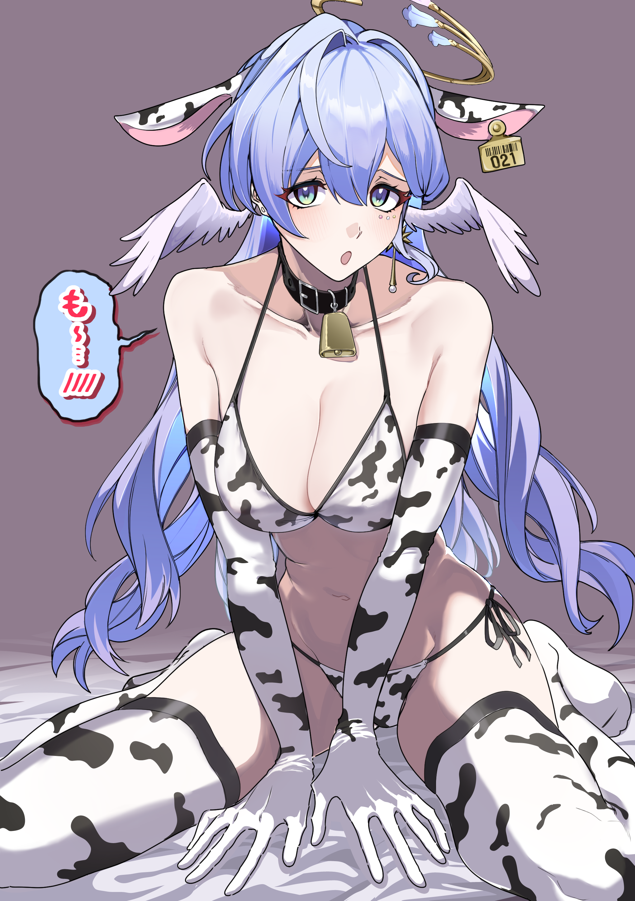 yamamoto kichiko, robin (honkai: star rail), honkai: star rail, honkai (series), absurdres, commentary request, highres, 1girl, animal ears, animal print, bare shoulders, bell, bikini, blue hair, breasts, cleavage, cow ears, cow print, cow print bikini, cow print gloves, cow print thighhighs, elbow gloves, fake animal ears, gloves, green eyes, hair between eyes, halo, head wings, large breasts, long hair, looking at viewer, navel, neck bell, no shoes, open mouth, print bikini, print gloves, print thighhighs, sitting, solo, speech bubble, swimsuit, thighhighs, wariza, wings
